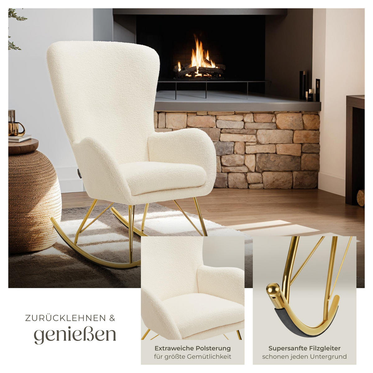 SCHAUKELSTUHL Swing,70 x 93 x 100 cm, Belastbarkeit 120 kg,creme/gold - Goldfarben/Creme, Kunststoff (70/100/93cm) - tectake