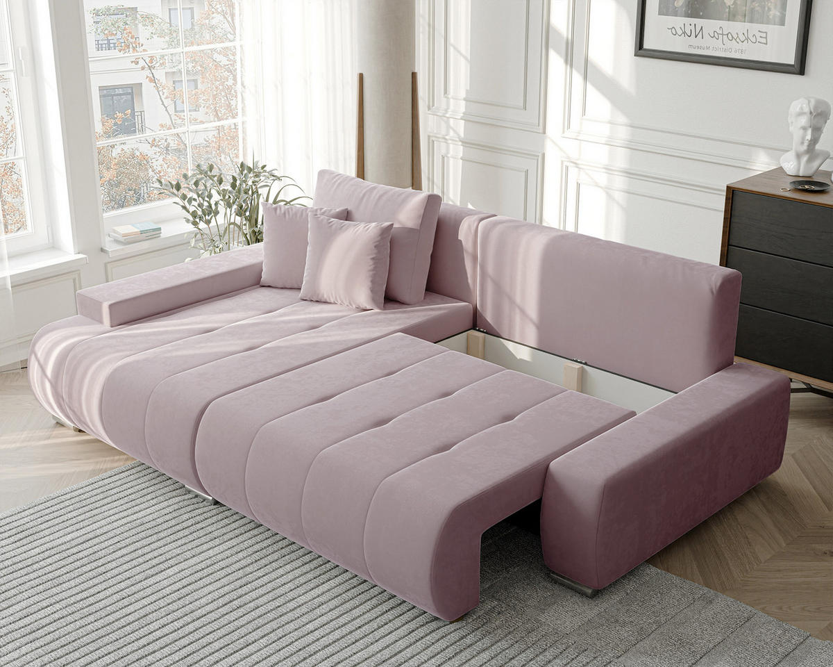 ECKSOFA NIKO Links, mit Schlaffunktion und Bettkasten, Rosa - Rosa, Textil (227/153cm) - Idohome