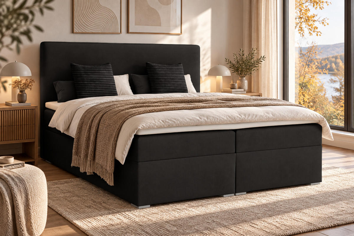 BOXBETT BASIC 180/200 Velours Schwarz mit Bonell-Federkernmatratzen H3 - Schwarz, Holz/Holzwerkstoff (180/200cm) - Deine Möbel 24