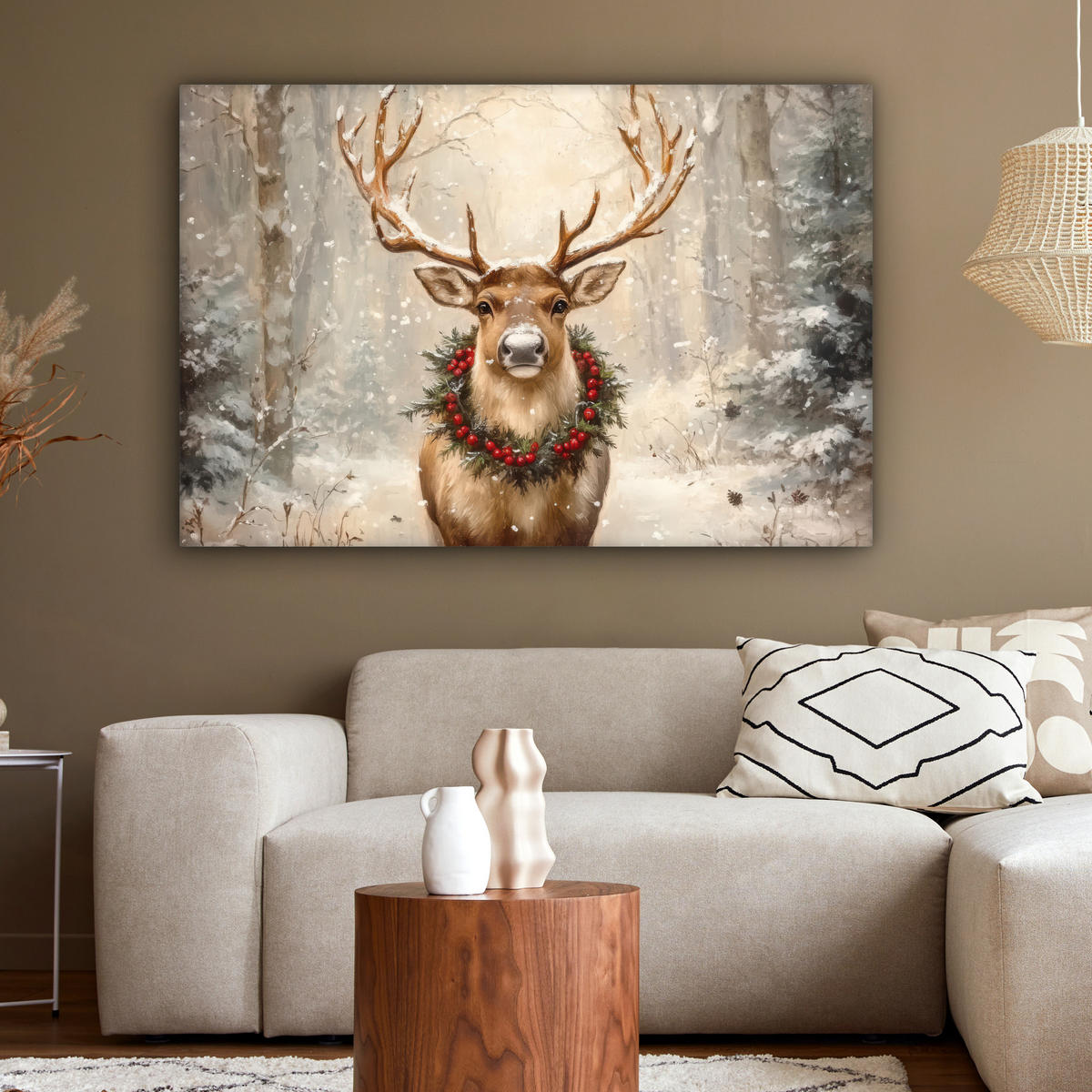 LEINWANDBILD Weihnachten - Rentier - Winter - Kranz Wohnzimmer 120x80 cm - Naturfarben, Textil (120/80cm) - MuchoWow