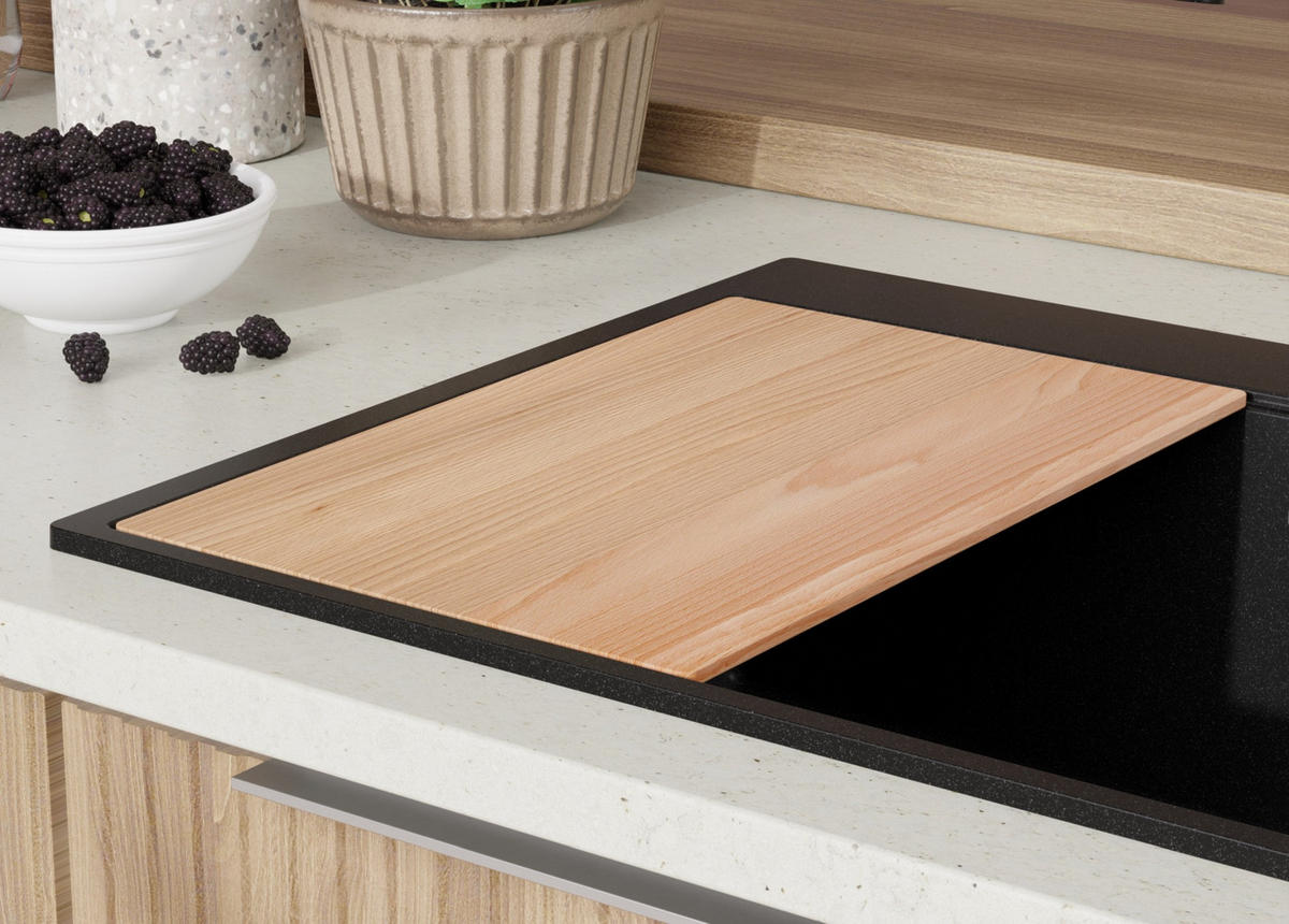 GRANITSPÜLE Oslo, 2-er set Schwarz 68/50 cm 1 Becken + Küchenarmatur 40/38 cm + Ablauf-Set + Schneidebrett ab 70er Unterschrank - Chromfarben/Beige, Kunststoff (68/20/50cm) - Primagran