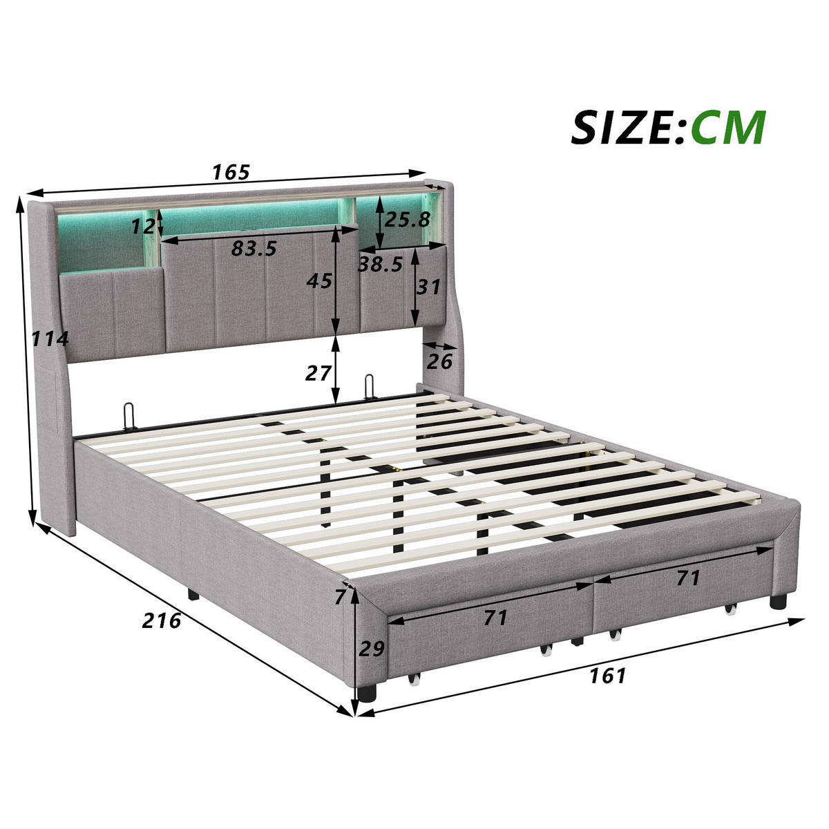 POLSTERBETT 140x190 cm, Mit 2 Schubladen, LED-Beleuchtung, USB-Anschluss, Kopfteil mit Stauraum, Leinenstoff, Lattenrost - Grey - Grau, Holzwerkstoff (140/200cm) - Brevoria