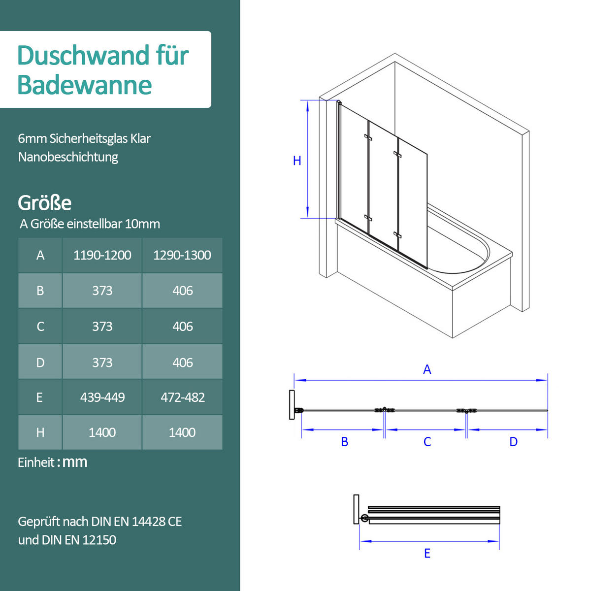 DUSCHWAND für Badewannen Faltbar mit Schwenkfunktion 140/120 cm - Transparent, Glas (120/140cm) - EMKE