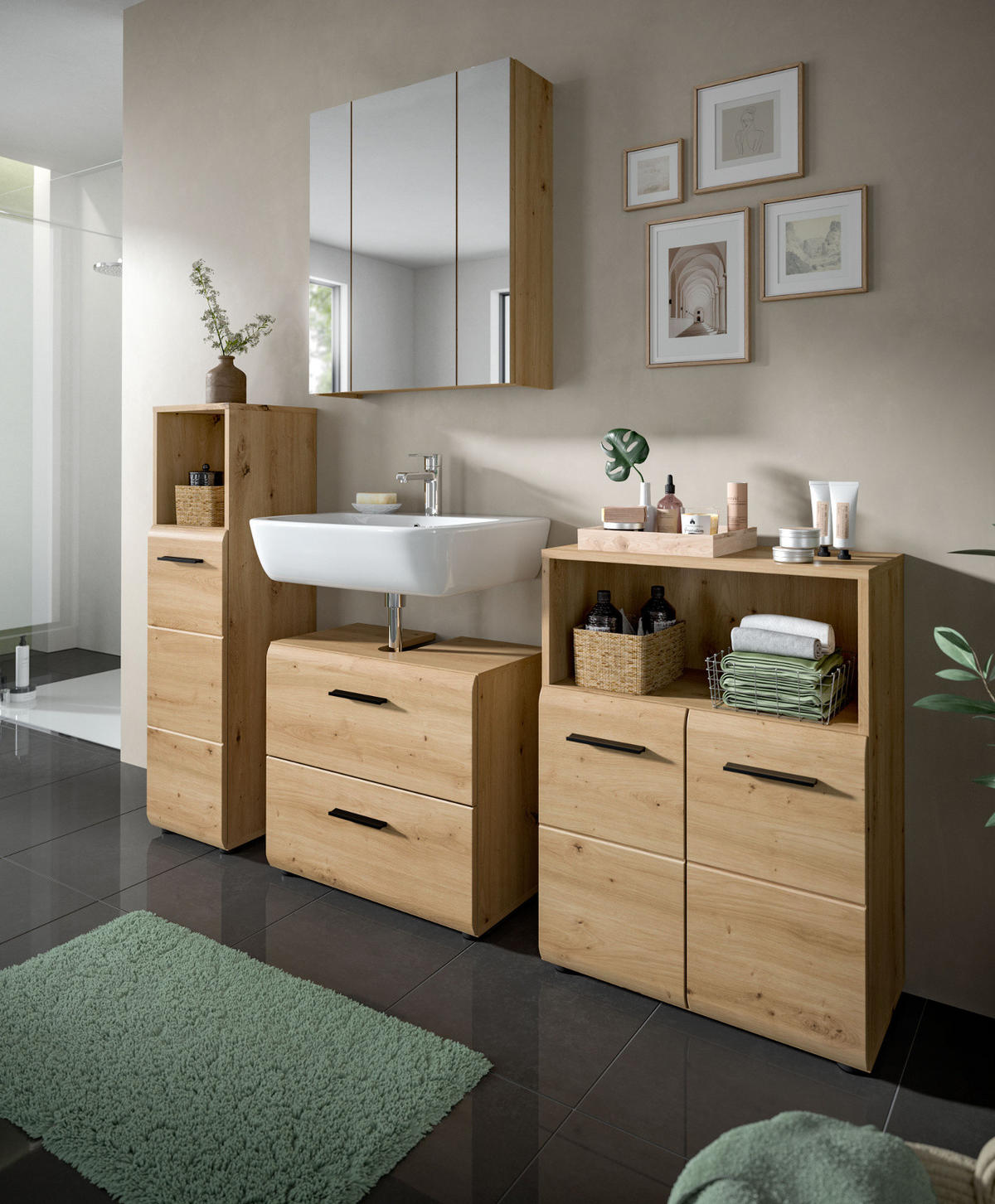 WASCHBECKENUNTERSCHRANK Eiche Artisan, Bad Unterschrank mit Vollauszug Schubkästen, Breite 60 cm - Schwarz/Eiche Artisan, Holzwerkstoff/Kunststoff (60/54/30cm) - Inn.Furn