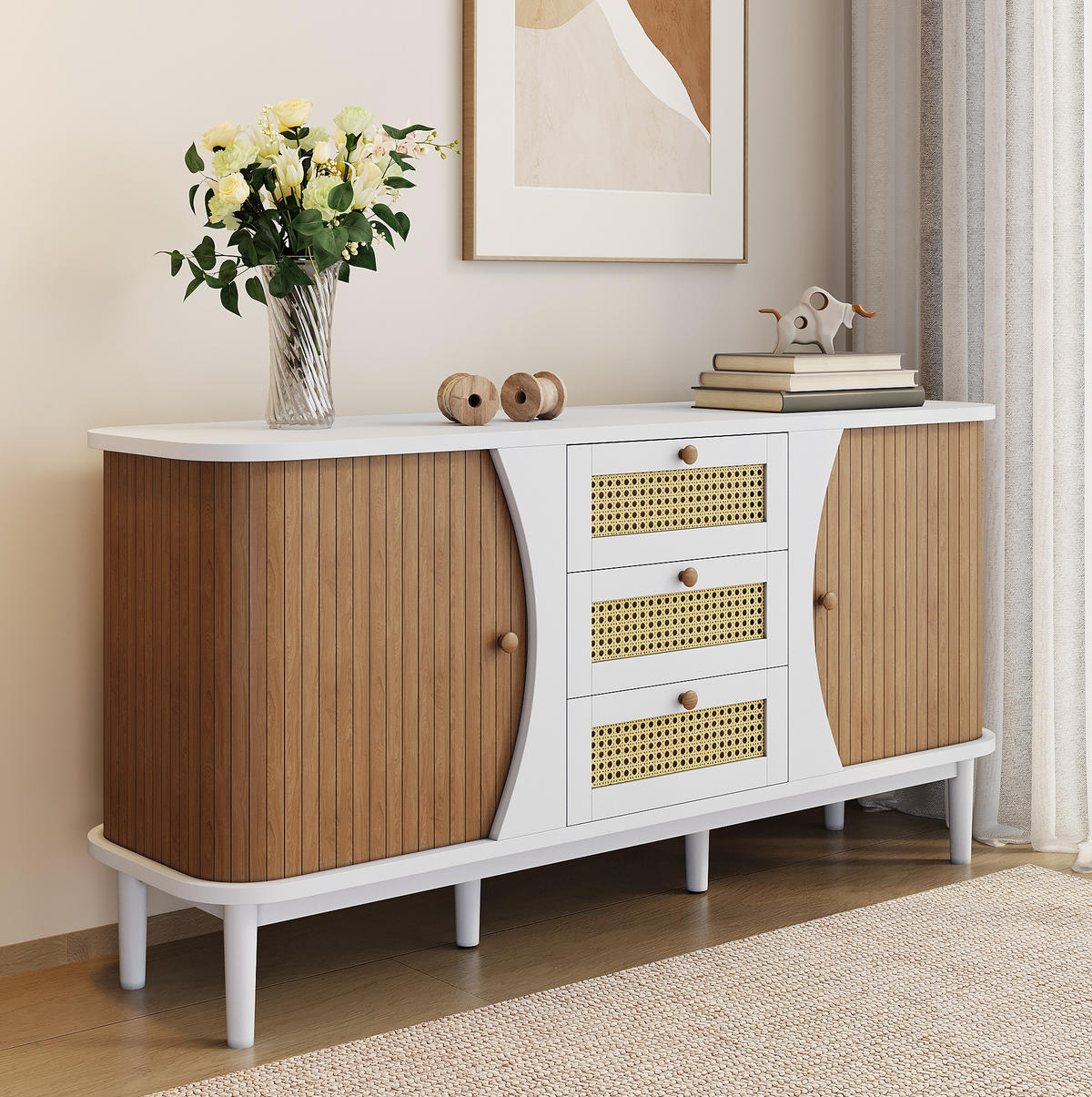 SIDEBOARD 140,5/40/76 cm weiß aus MDF mit Rattanschubladen - Weiß, Holzwerkstoff (140.5/76/40cm) - OKWISH
