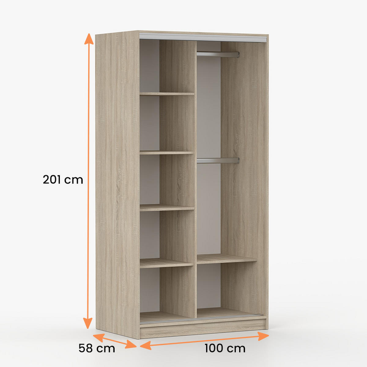 SCHWEBETÜRENSCHRANK TOKYO M 100/201/58 cm 2-türig Sonoma Eiche/Sonoma Eiche + Spiegel - Alufarben/Sonoma Eiche, Holzwerkstoff/Kunststoff (100/201/58cm) - imoebel24