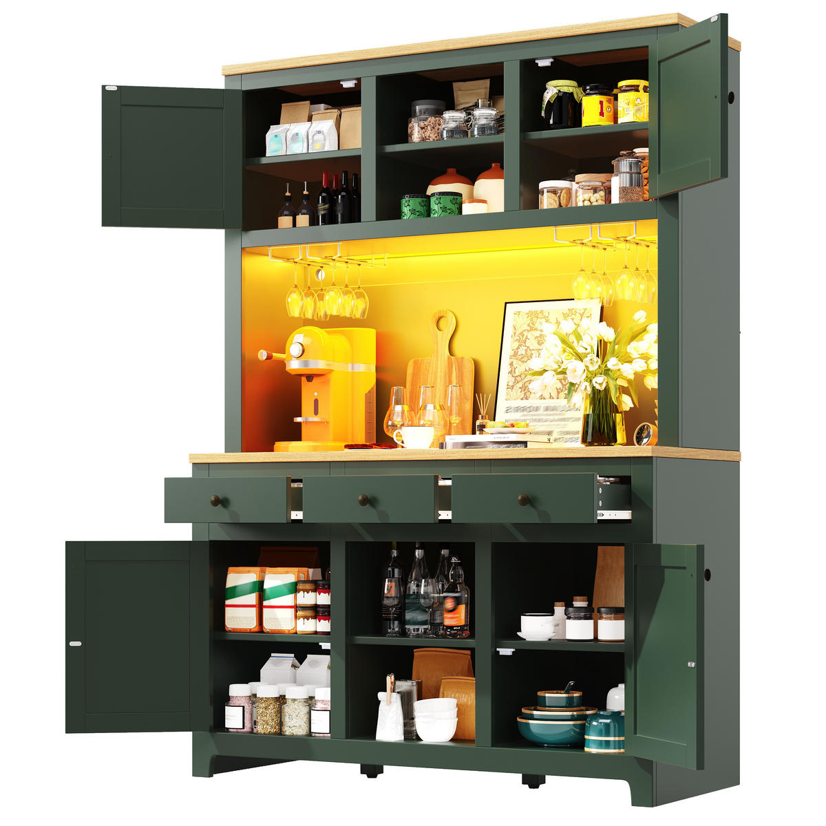 BUFFETSCHRANK Rattanoptik Antikgrün 120/40/180 cm - Salbeigrün, Holz (120/180/40cm) - PANGIVO