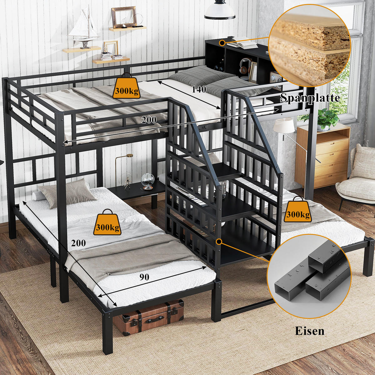 ETAGENBETT 90/200 cm & 140/200 cm in Schwarz mit Stauraum und Treppe - Schwarz, Metall (140/200cm) - CHICFURN