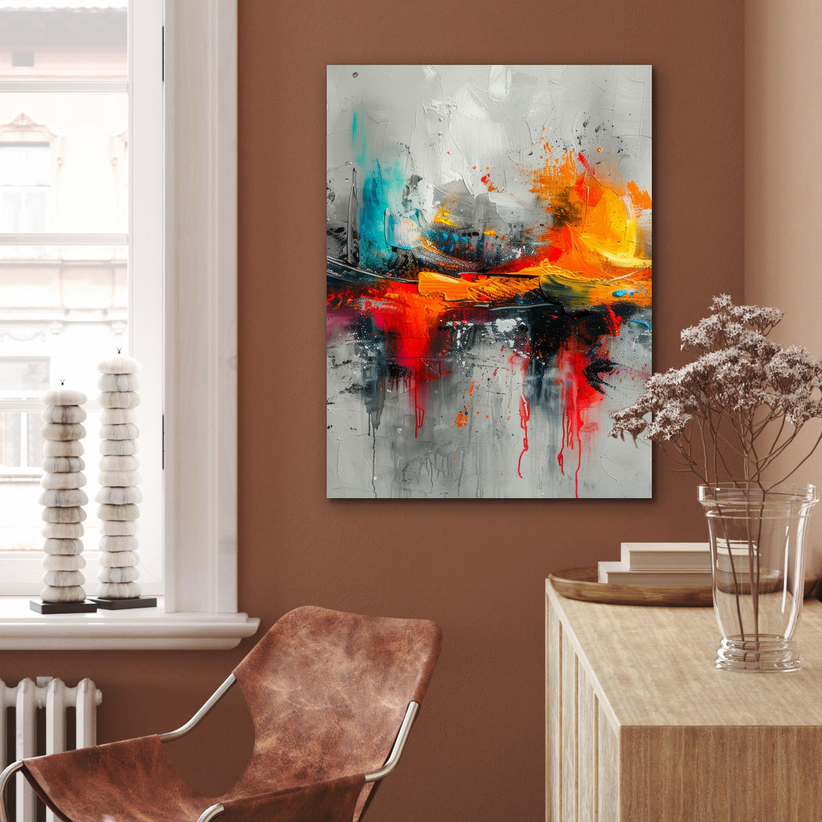 KOVOVÝ OBRAZ Moderné umenie - Oranžová - Sivá - Abstraktné 60x80 cm - svetlosivá, kov (60/80cm) - MuchoWow
