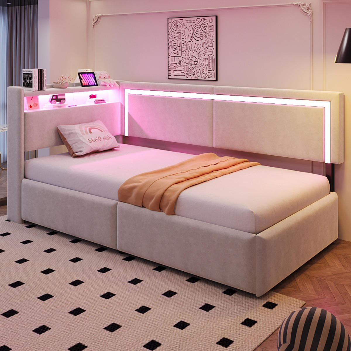 SCHLAFSOFA 90x200 cm in Beige mit LED-Beleuchtung, USB-Anschlüssen und Stauraum - Beige, Textil (90/200cm) - IVMEU