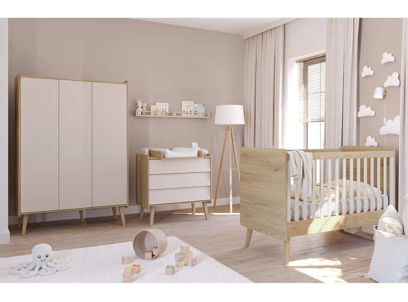 BABYZIMMER Set Vienna Fresh Set B - 4-teilig - Eichefarben/Beige, Holzwerkstoff (133/185/51cm) - QMM TraumMöbel