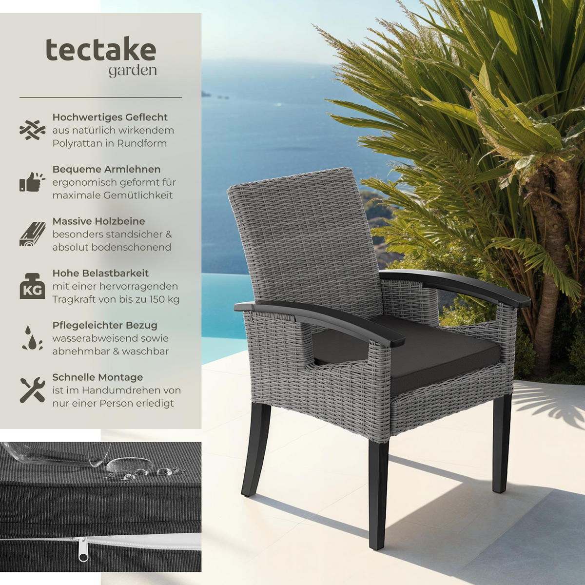 RATTAN STUHL Rosarno, inklusive Sitzpolster, 62,5 x 71,5 x 94 cm, grau - Grau, Kunststoff (62.5/94/71.5cm) - tectake