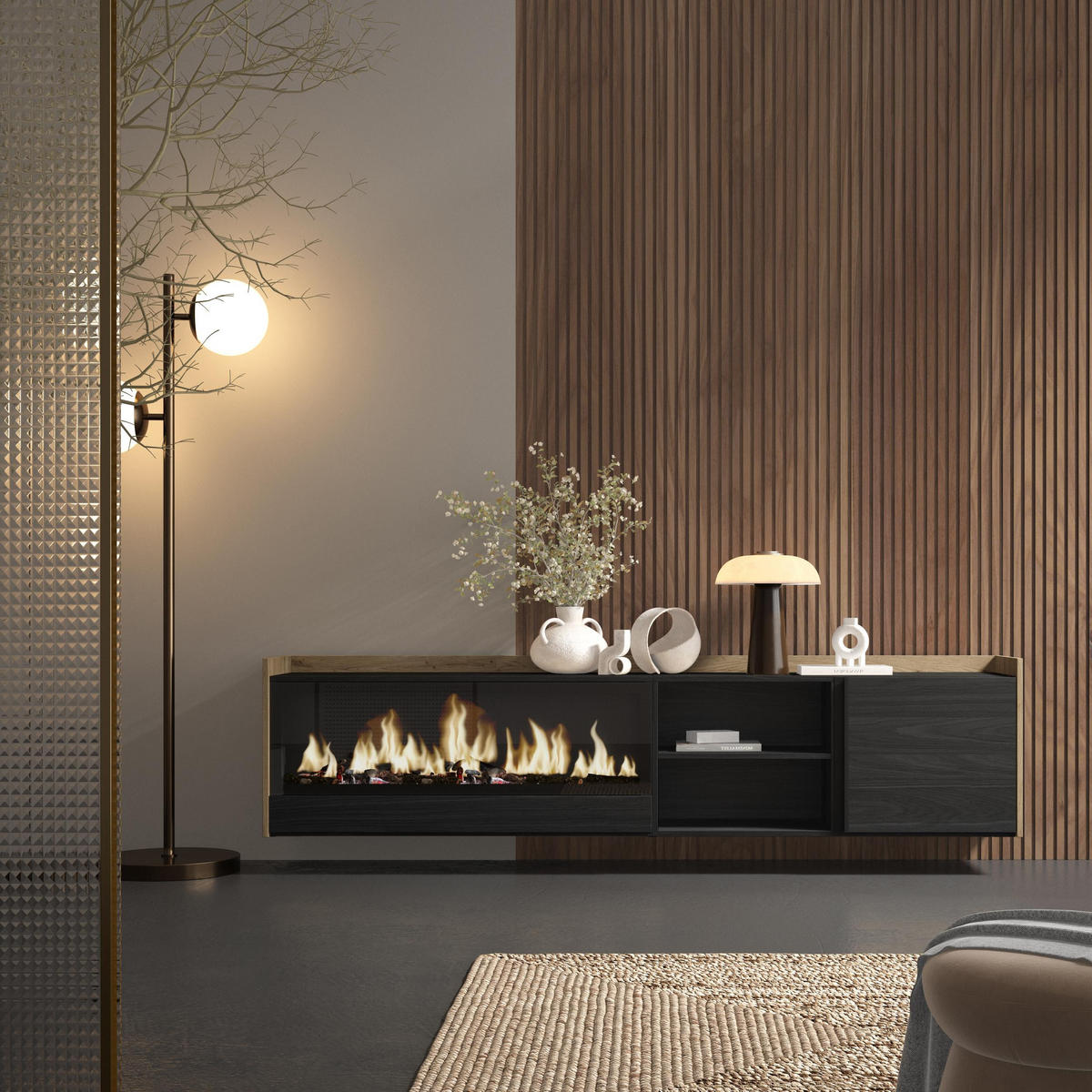 LOWBOARD, Schwarz und Eiche, 212/35/50cm, Kamin mit Feuereffekt XXL - Schwarz, Holzwerkstoff (212/50/35cm) - Skraut Home