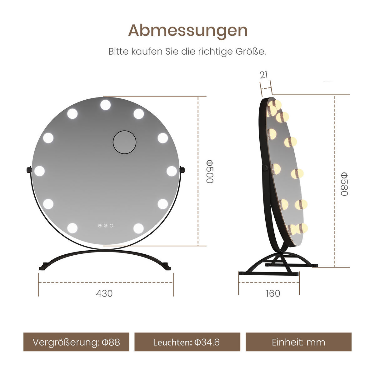 SCHMINKSPIEGEL Runder mit Beleuchtung, Schwarz, ф50 cm - Schwarz, Glas (50/16/50cm) - EMKE