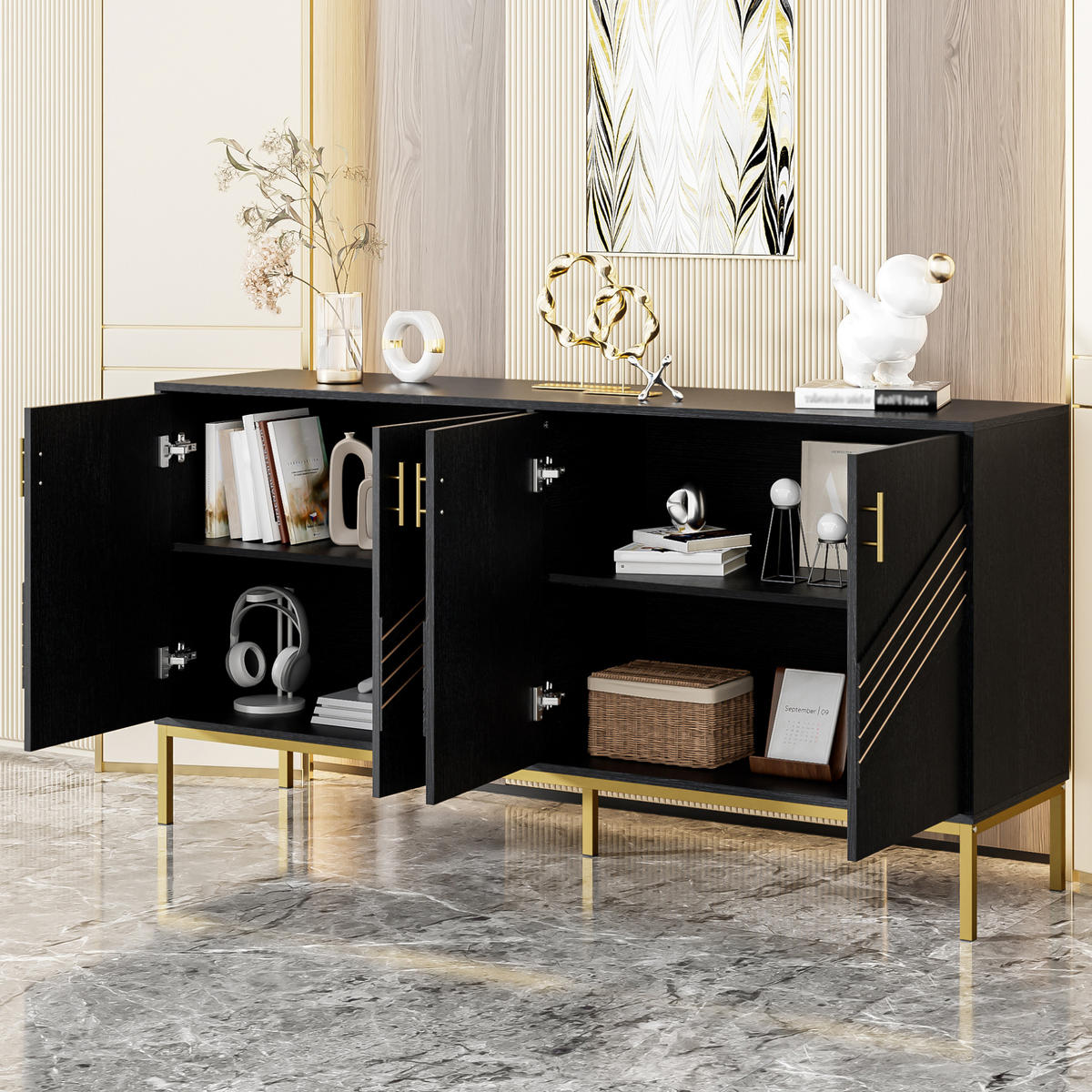 SIDEBOARD 160/40/80,5 cm in Schwarz mit 4 Türen und verstellbaren Einlegeböden - Schwarz, Holzwerkstoff (160/80.5/40cm) - Flora Grace