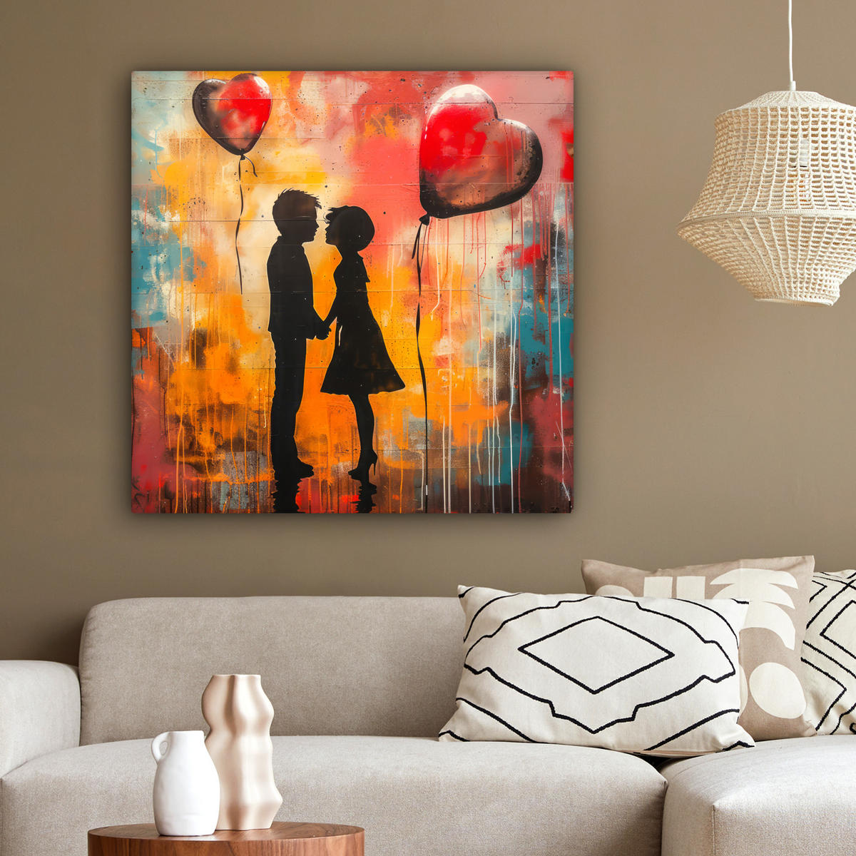 LEINWANDBILD Straßenkunst - Liebe - Graffiti - Kunst - Banksy 90x90 cm - Orange, Textil (90/90cm) - MuchoWow