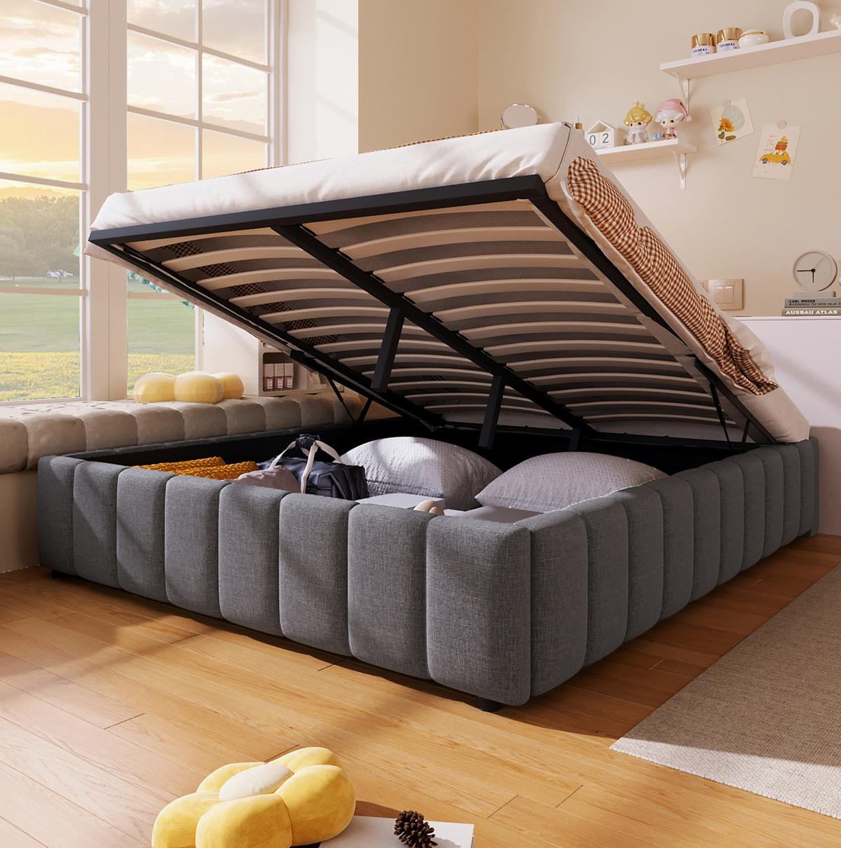 POLSTERBETT aus Leinen 140x200 cm Grau mit hydraulischem Bettkasten und kopfteillosem Design - Grau, Textil (140/200cm) - Modfu