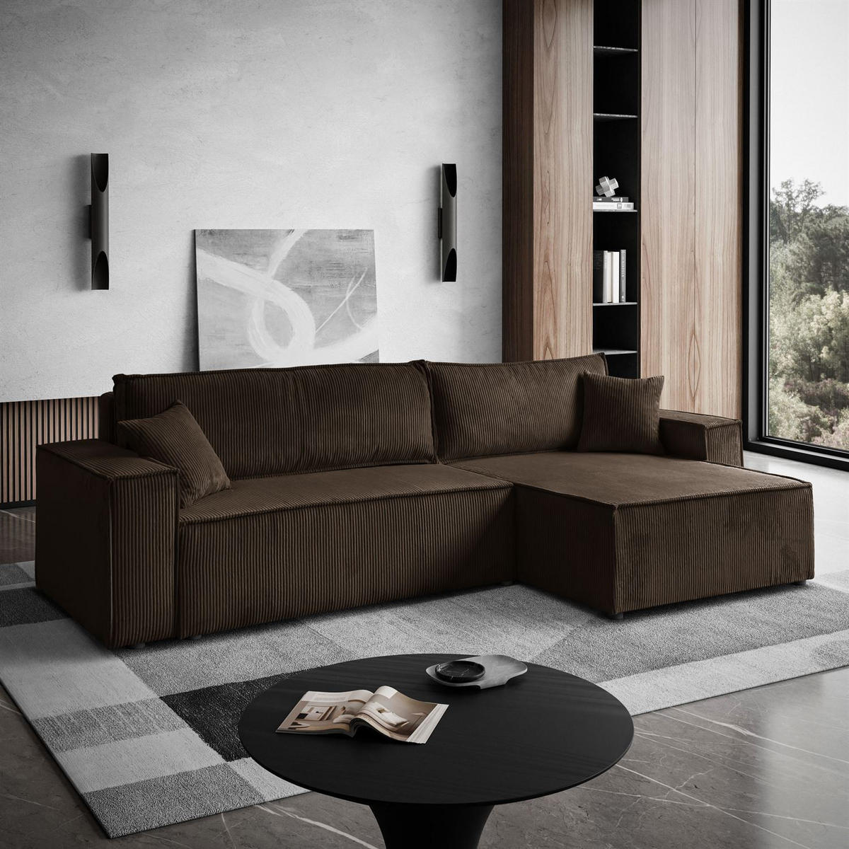 ECKSOFA Gepolstertes CARLO XL Cord mit Schlaffunktion und Bettkasten, Poso 06 - Braun, Textil (277/143cm) - Lookway