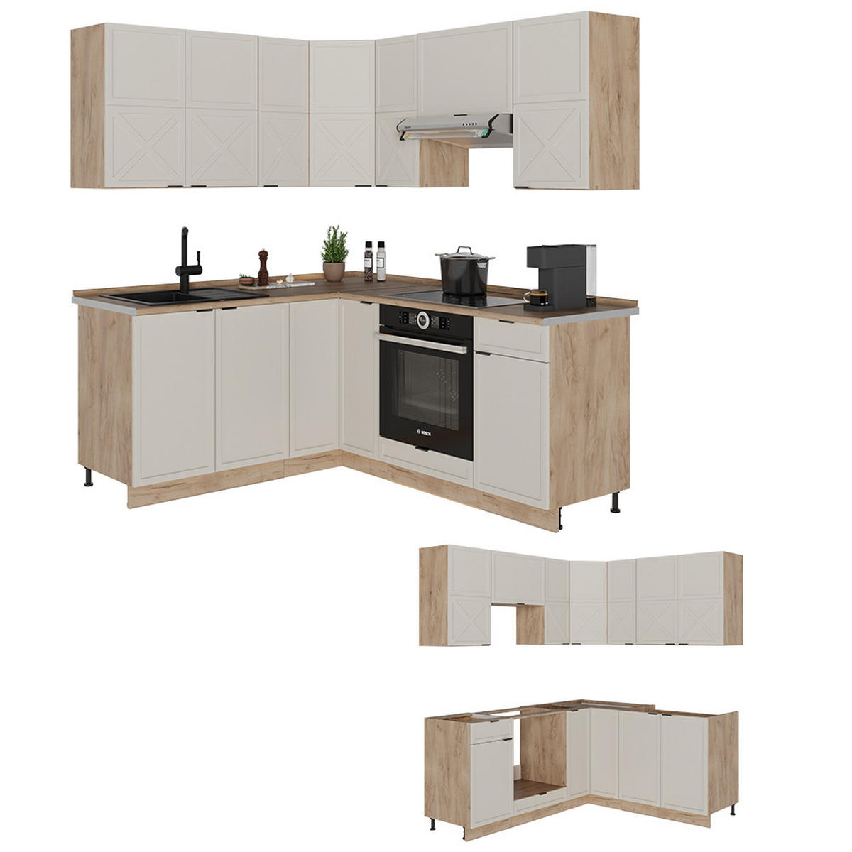 ECKKÜCHE Fame-Line GrauBeige/Goldkraft Eiche 160 x 60 cm ohne AP - Honigeiche/Grau, Holzwerkstoff (190/81.6/46cm) - Vicco