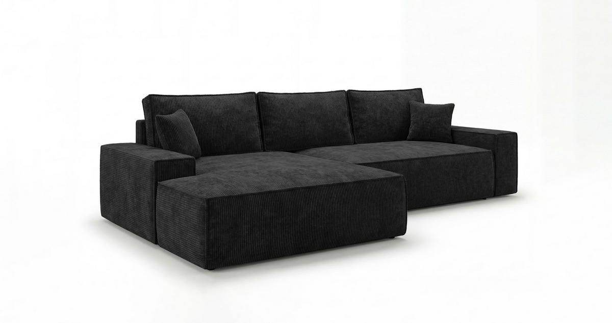 ECKSOFA VERONA links schwarz Cord Poso 135 - Schlaffunktion, Bettkasten - Schwarz, Textil (280/185cm) - Cornero