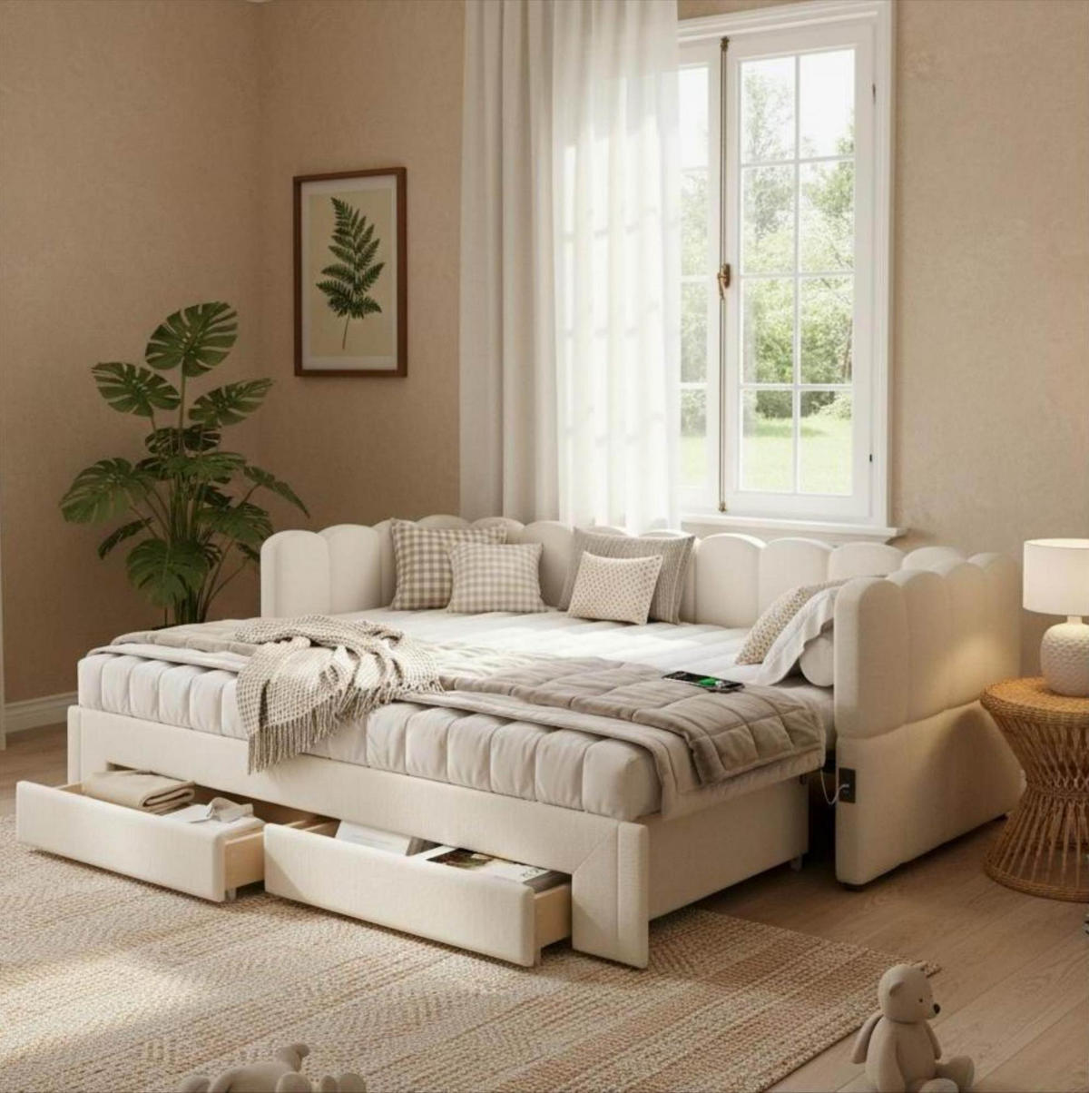 ČALÚNENÁ posteľ, 90/200 cm béžová, ľanová, výsuvná na 180 cm s 2 zásuvkami a USB - béžová, textil (90/200cm) - BEAOK
