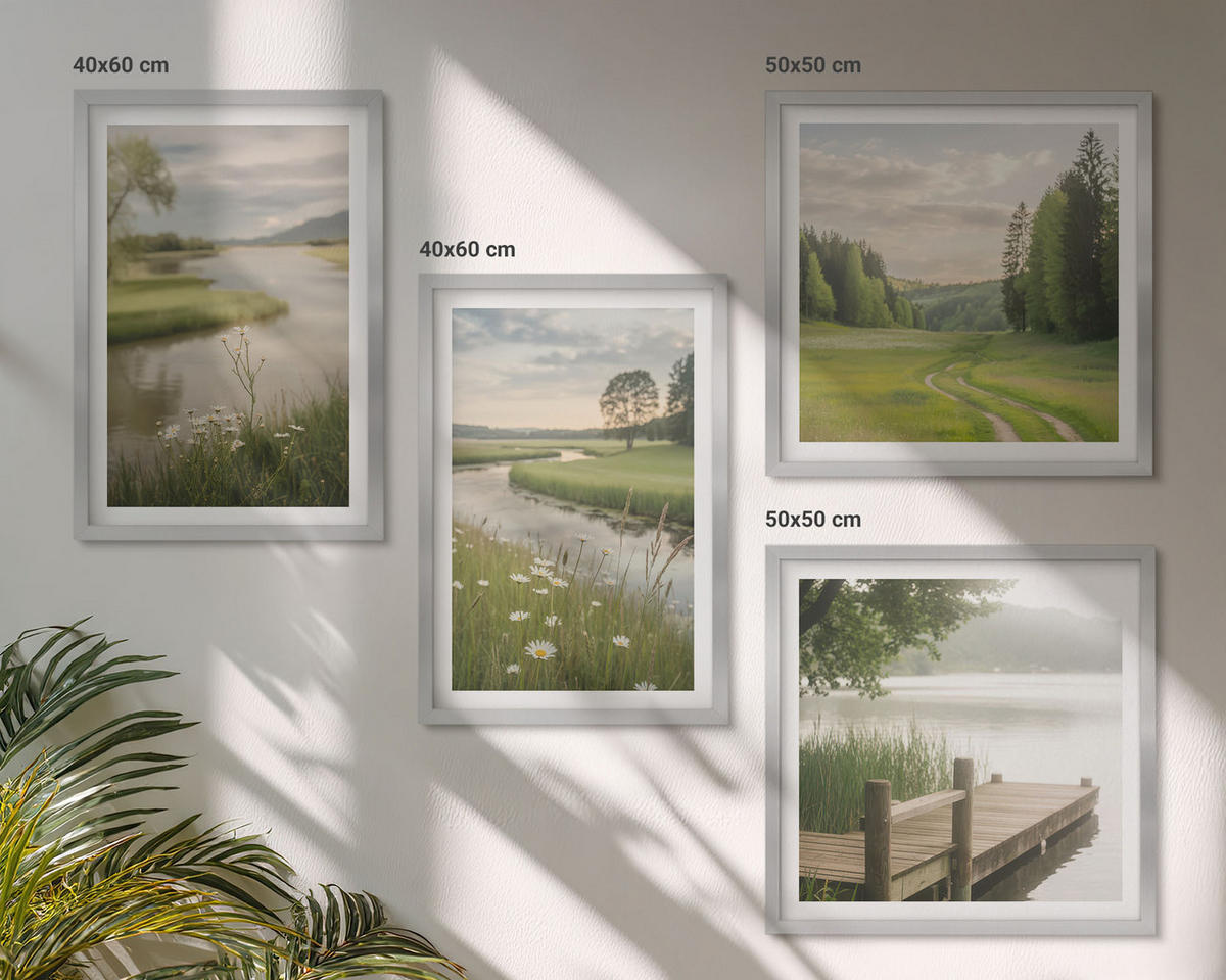 BILDER SET 4er Set - 50x50 cm & 40x60 cm Silberner Rahmen - Sommerlandschaften Flusswiese - Silberfarben, Kunststoff (50/50cm) - TULUP