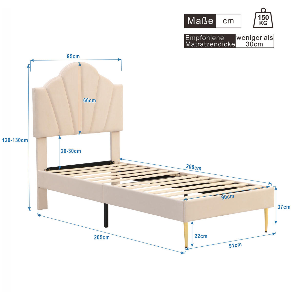 POLSTERBETT 90/200 cm in Beige mit Muschel-Kopfteil & höhenverstellbarer Lehne - Beige, Textil (90/200cm) - BEAOK