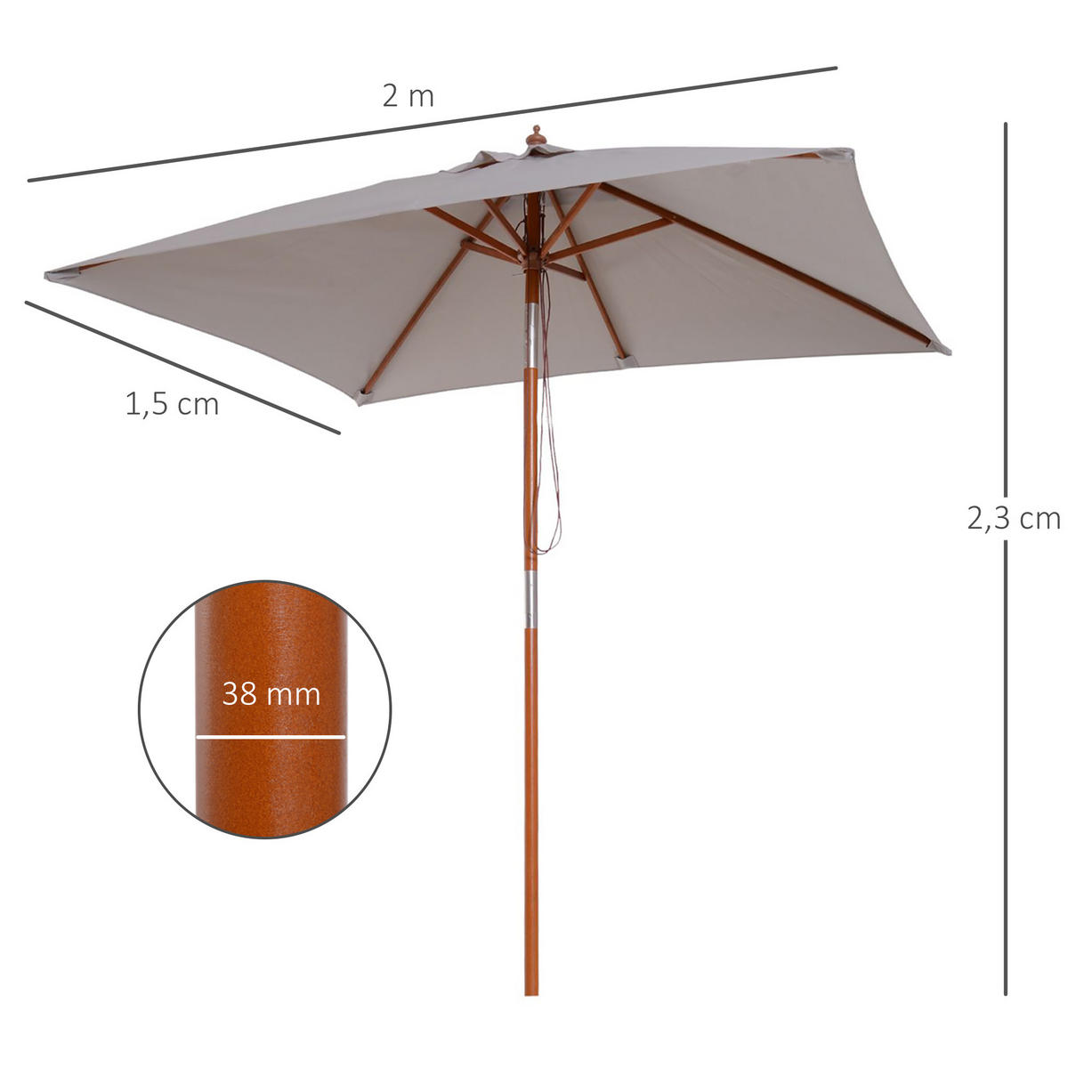 SONNENSCHIRM, Tannenholz, Bambus, Grau - Grau, Holz/Naturmaterialen (150/200cm) - Outsunny