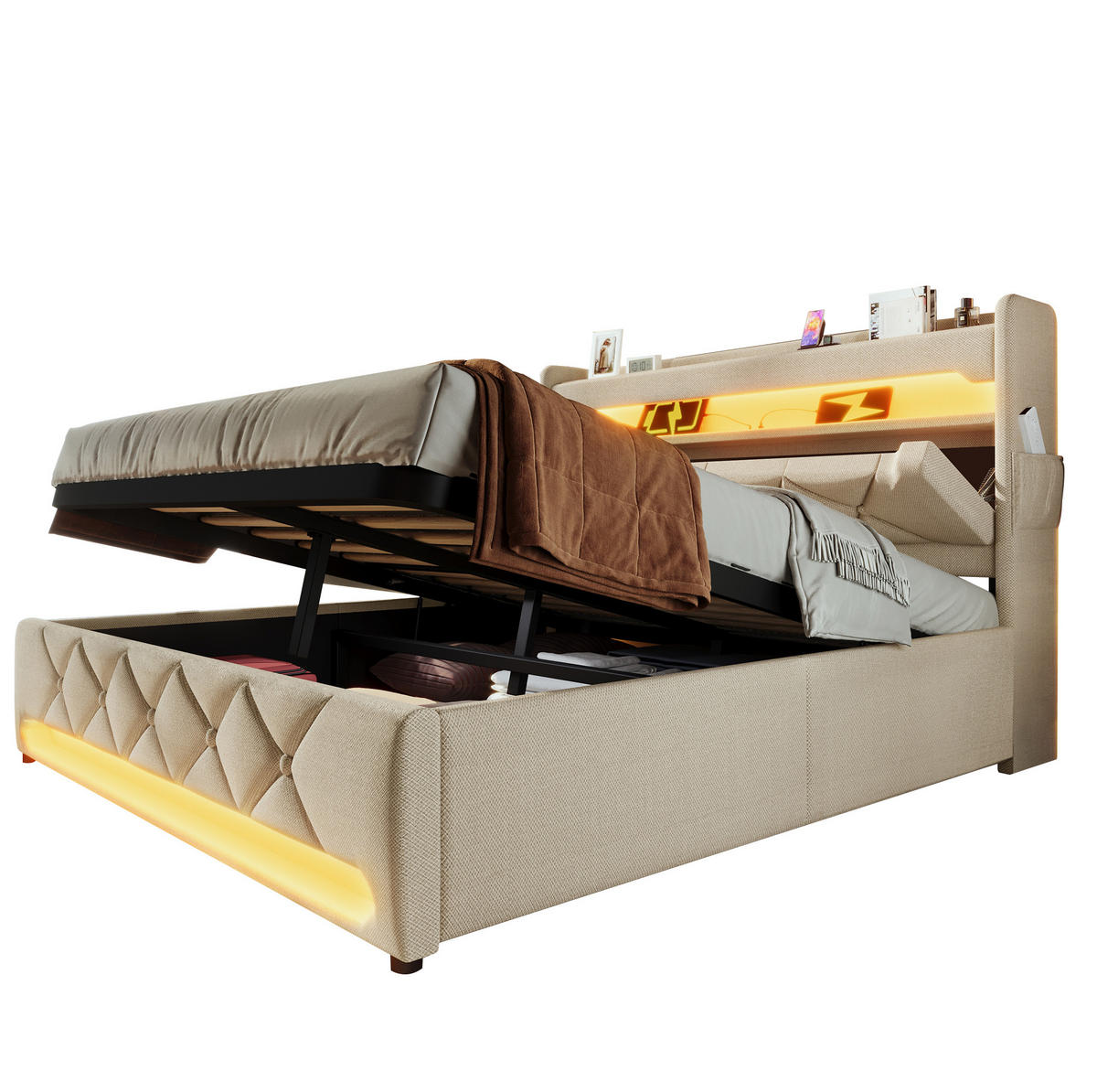POLSTERBETT 140/200 cm Beige mit Stauraum, LED-Beleuchtung und USB-Anschlüssen - Beige, Textil (140/200cm) - Flora Grace