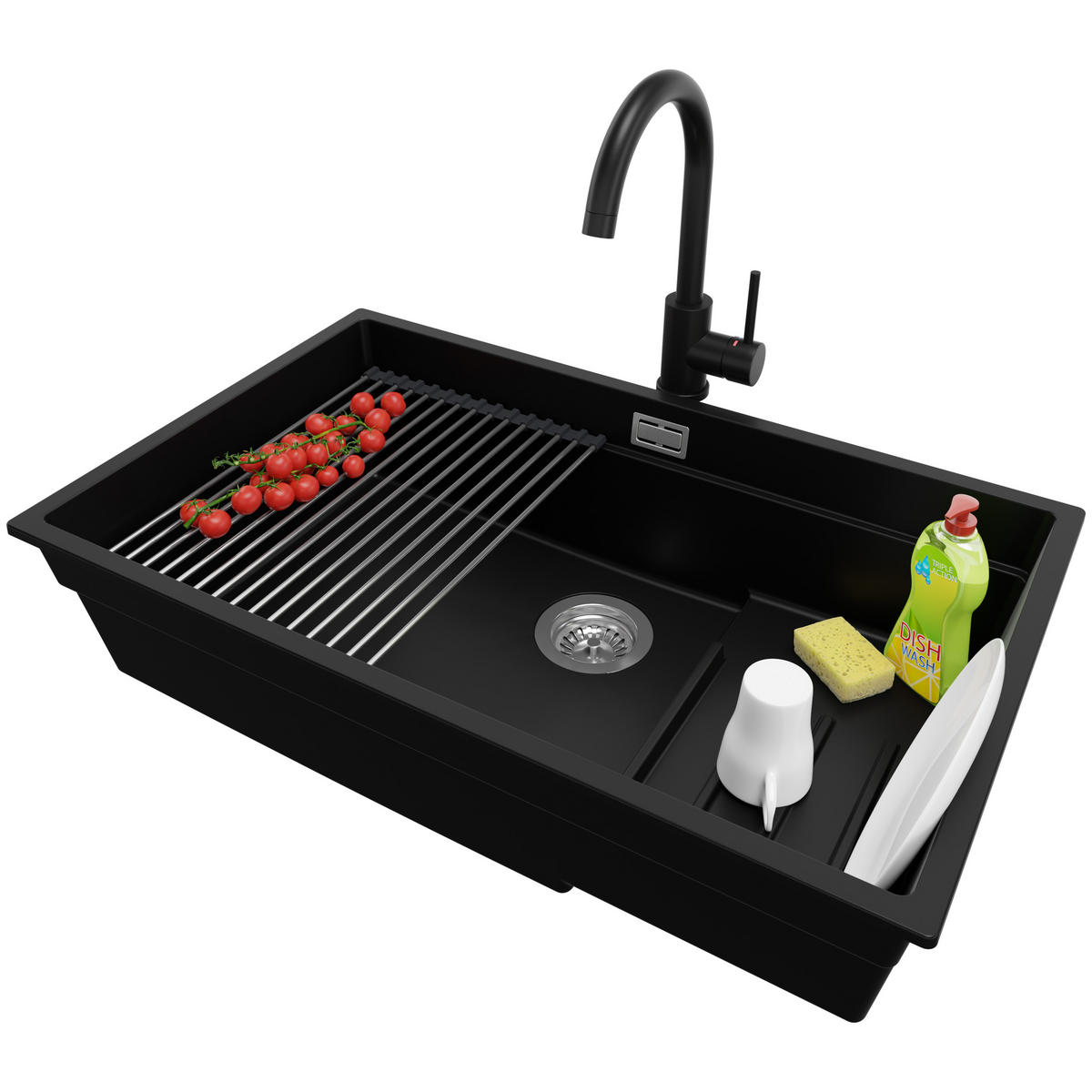 UNTERBAUSPÜLE GRANIT Praga, 2-er set Schwarz 76/47 cm 1 Becken + Küchenarmatur 32/20 cm + Ablauf-Set + Aufrollbare Abtropffläche ab 80er Unterschrank - Chromfarben/Schwarz, Kunststoff (76/20/47cm) - Primagran