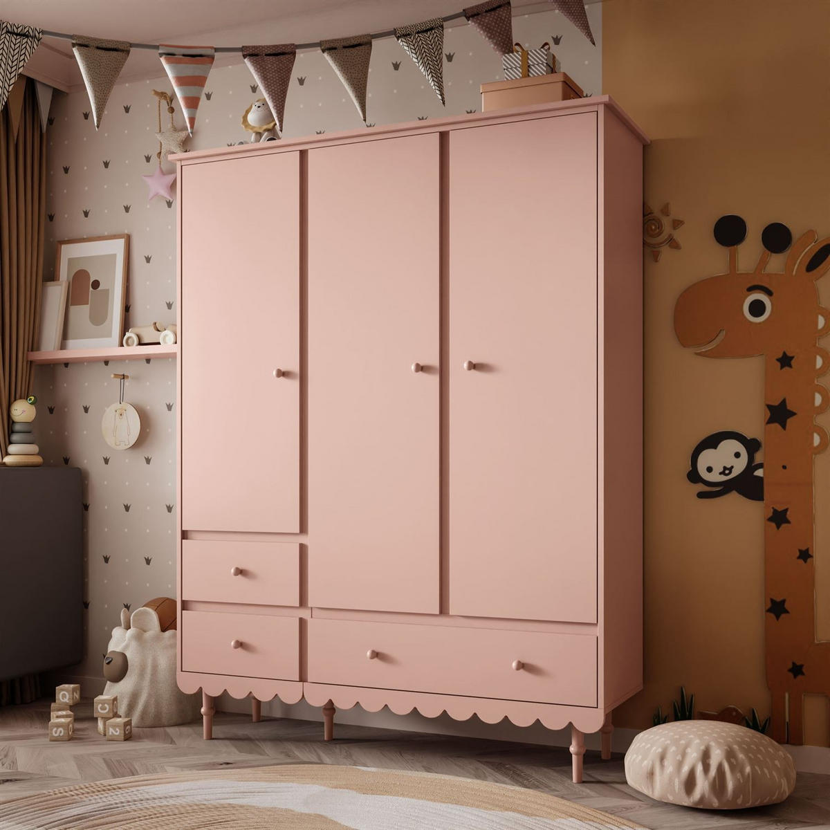 KINDERKLEIDERSCHRANK BABUSHKA – Dreitürig, Natürlich Rosa - Rosa, Holzwerkstoff (154/203/50cm)