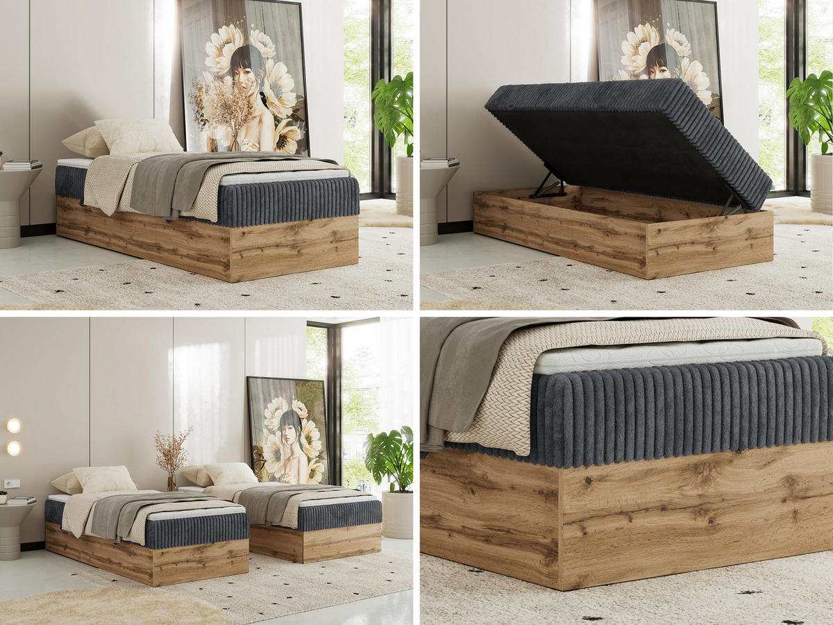 BOXBETT WOOD ZERO 90/200 - Grau Cord - H4 - Topper T25 - Grau, Textil (90/200cm) - MKS