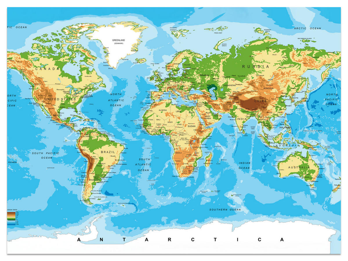 FOTOTAPETE für Wohnzimmer Physische Weltkarte Schriften 150x105 - Blau/Gelb, Papier (150/105cm) - Muralo