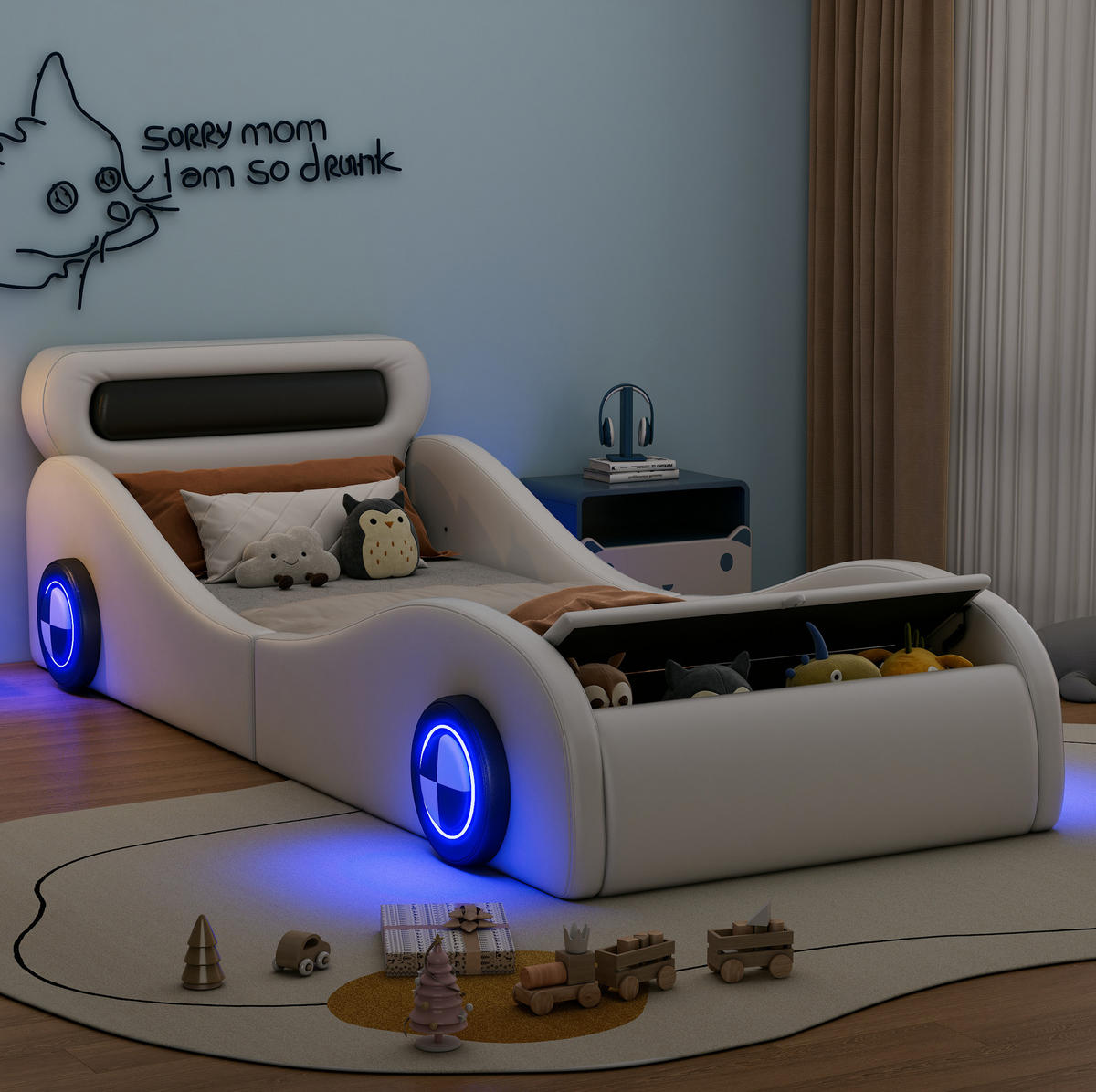 KINDERBETT aus PU 90x200 cm Weiß in Autoform mit LED-Rädern und Stauraum - Weiß, Kunststoff (90/200cm) - Modfu