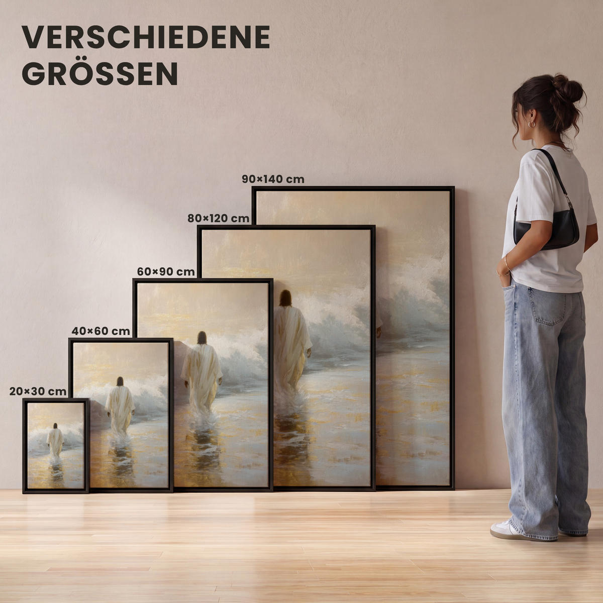 LEINWAND Bilder mit Rahmen - Gemälde - Welle - Jesus - Abstrakt - 90x140 - Goldfarben, Textil (90/140cm) - MuchoWow