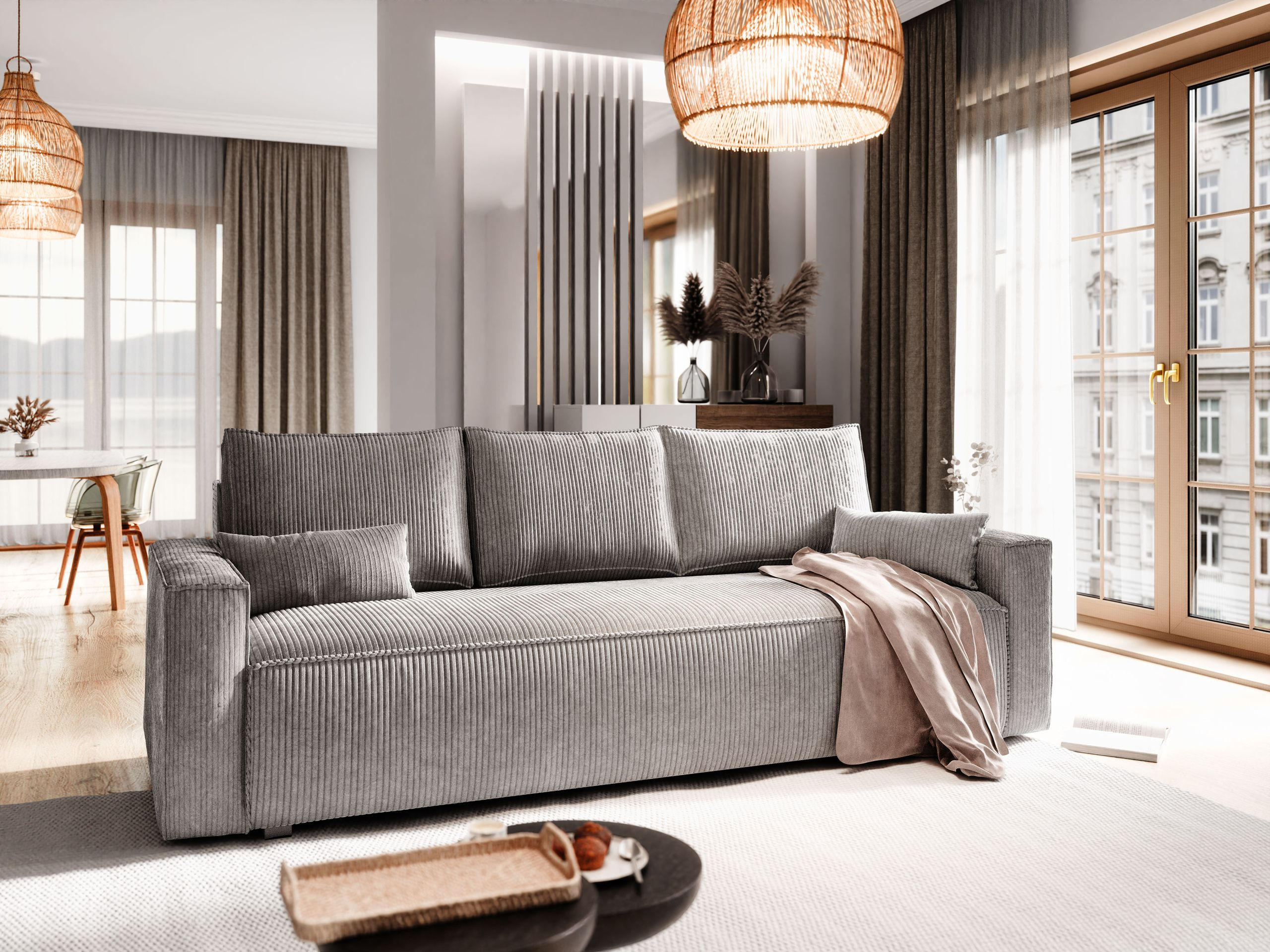 BETTSOFA MENI Hellgrau Kordstoff mit Schlaffunktion - Hellgrau, Textil (232/83/87cm) - MASSENO