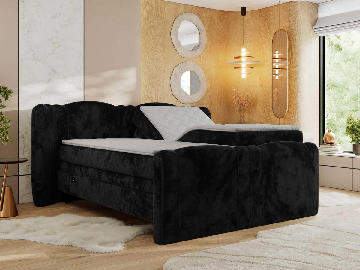 BOXBETT FORTINA 200/200 - Schwarz Plüsch - H3 - Schwarz, Holz/Textil (200/200cm) - MKS