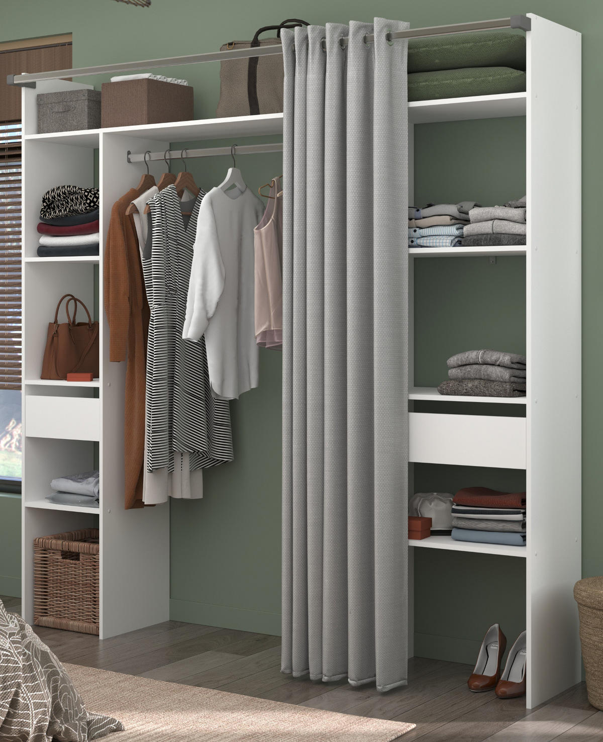 KLEIDERSCHRANK weiß, grau, Mehrzweckschrank 198 cm mit Vorhang - Weiß/Grau, Holzwerkstoff/Textil (198/203/40cm) - Parisot Meuble