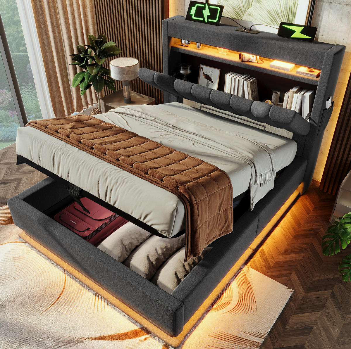 BETT mit Stauraum und LED 90x200 cm Leinen Grau inkl. Matratze - Grau, Metall (90/200cm) - Meubliv