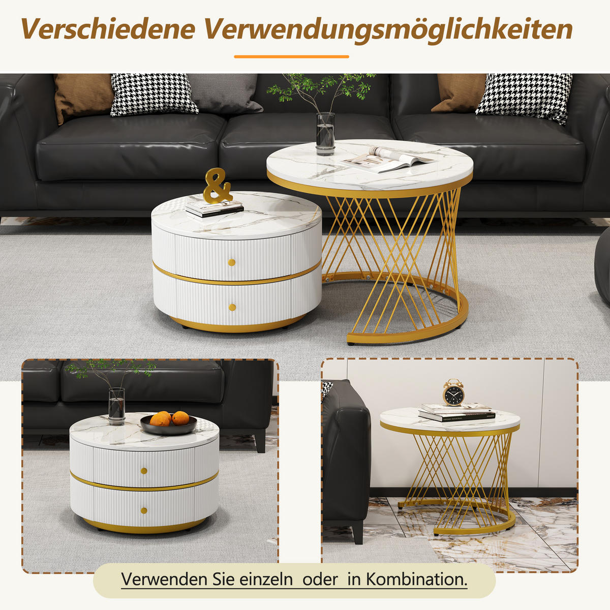 COUCHTISCH DE-155 Set Nesting Weiß mit Marmoroptik - Weiß, Holzwerkstoff (60/60/46cm) - ComfortXL