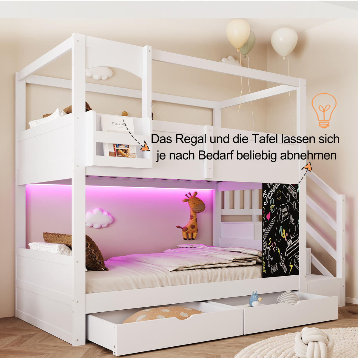 ETAGENBETT 90/200 cm in Weiß mit Schubladen, Regal, Tafel und Aufbewahrungsleiter - Weiß, Holzwerkstoff (90/200cm) - STILVORA