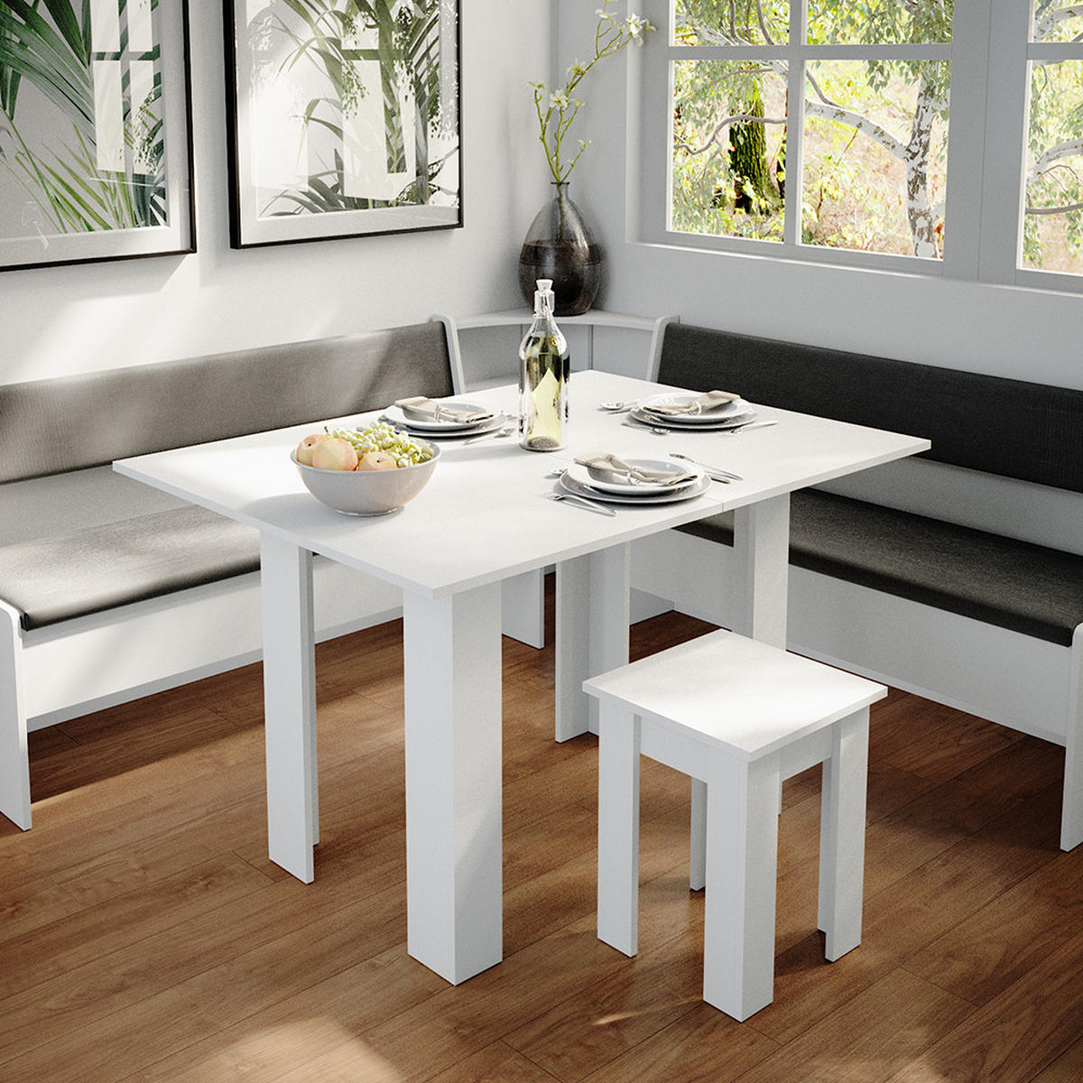 ECKBANKGRUPPE Roman Weiß 180 x 41.5 cm mit Tisch - Anthrazit/Weiß, Holzwerkstoff (180/80/180cm) - Vicco