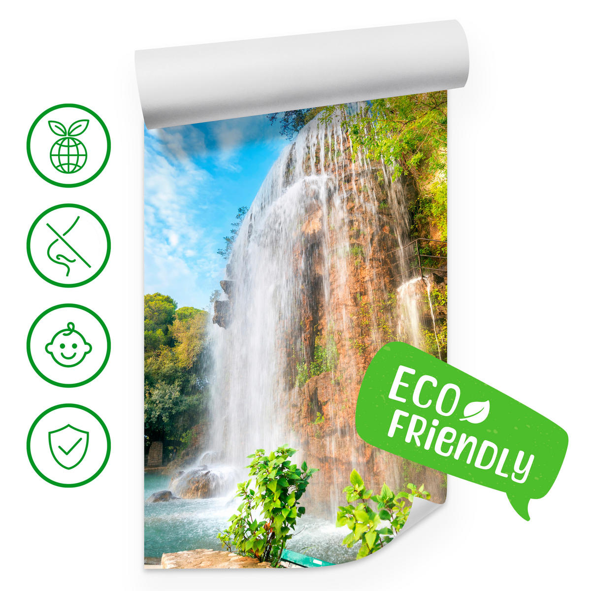 FOTOTAPETE für Wohnzimmer Wasserfall Nizza Felsen Pflanzen Bäume 400x280 - Blau/Beige, Papier (400/280cm) - Muralo