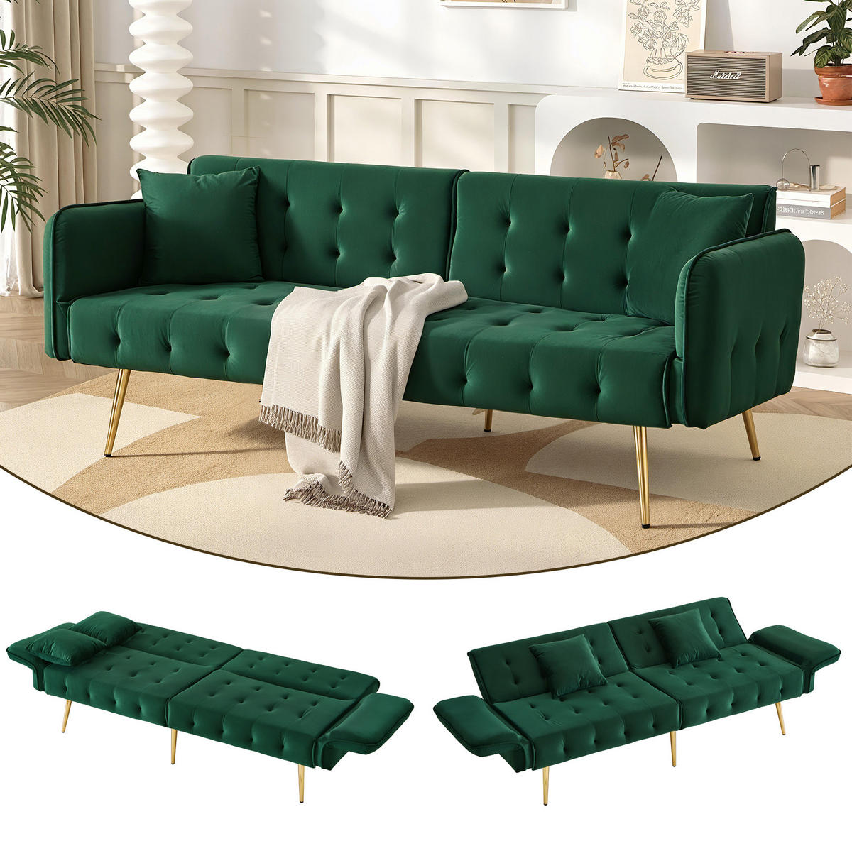 2-SITZER Schlafsofa Samt mit verstellbarer Rückenlehne und Armlehnen Grün 178/82/70 cm - Grün, Textil (82/70/178cm) - Redom