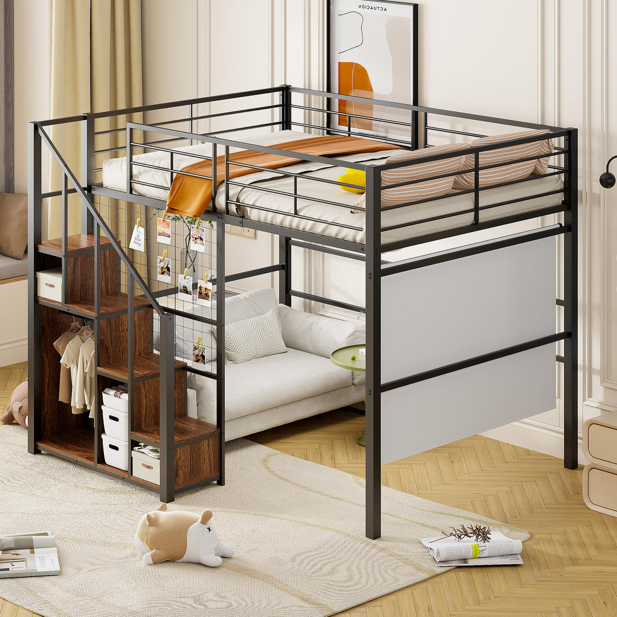 HOCHBETT 140/200 cm schwarz mit integrierter Staufunktion und Sicherheitsleiter - Schwarz, Metall (140/200cm) - OKWISH