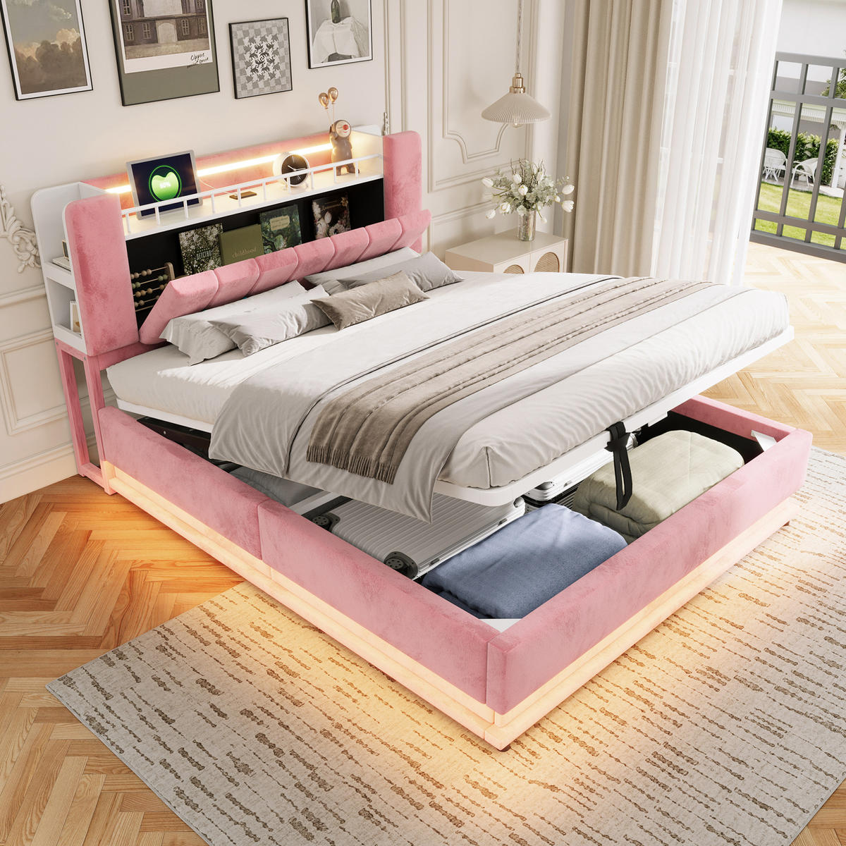 POLSTERBETT aus MDF, Metall und Samt 160x200 cm Rosa mit LED, USB-Anschlüssen und hydraulischem Bettkasten - Pink, Textil (160/200cm) - Modfu
