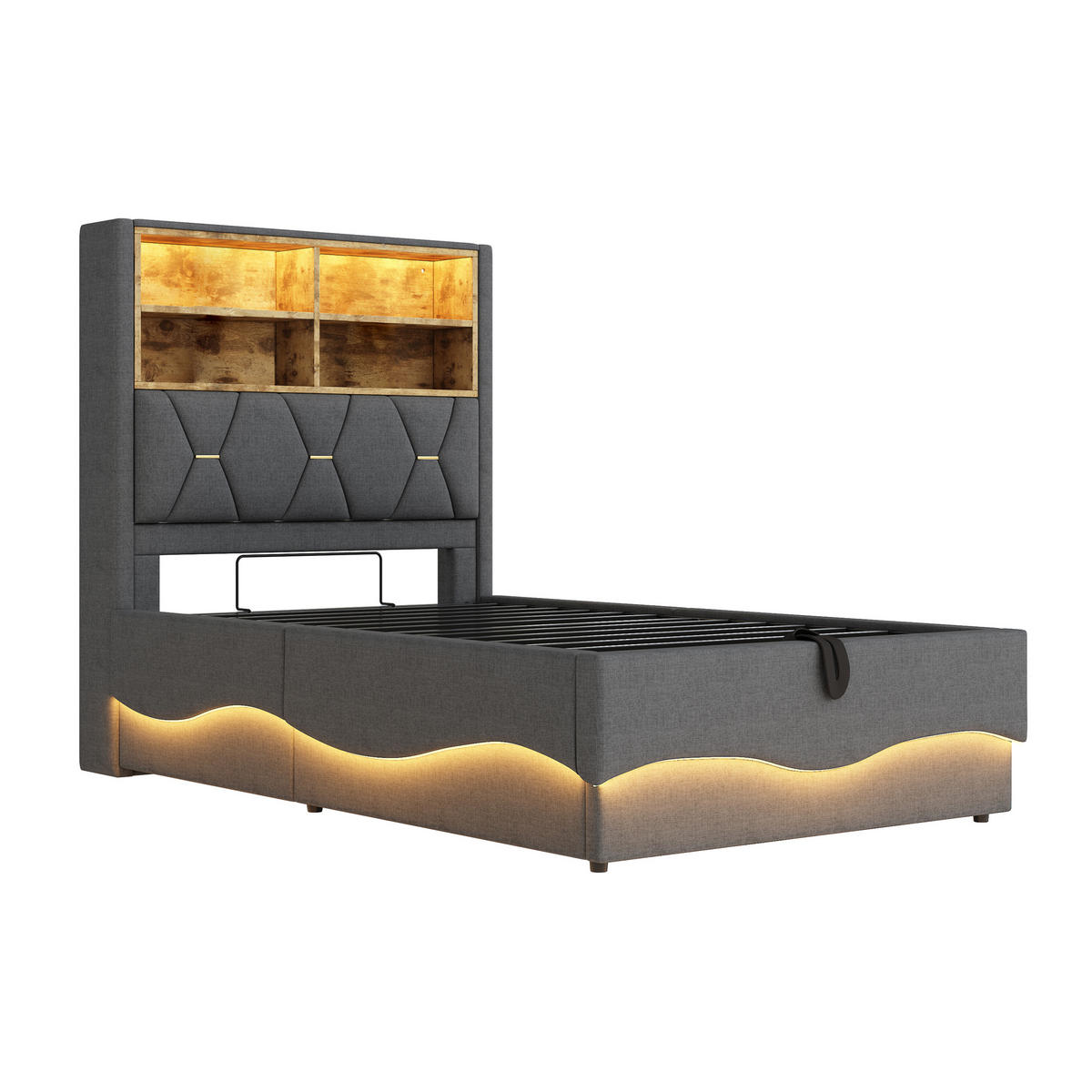 KINDERBETT 90x200 Grau Leinen LED Stauraum - Grau, Metall (90/200cm) - FLIEKS