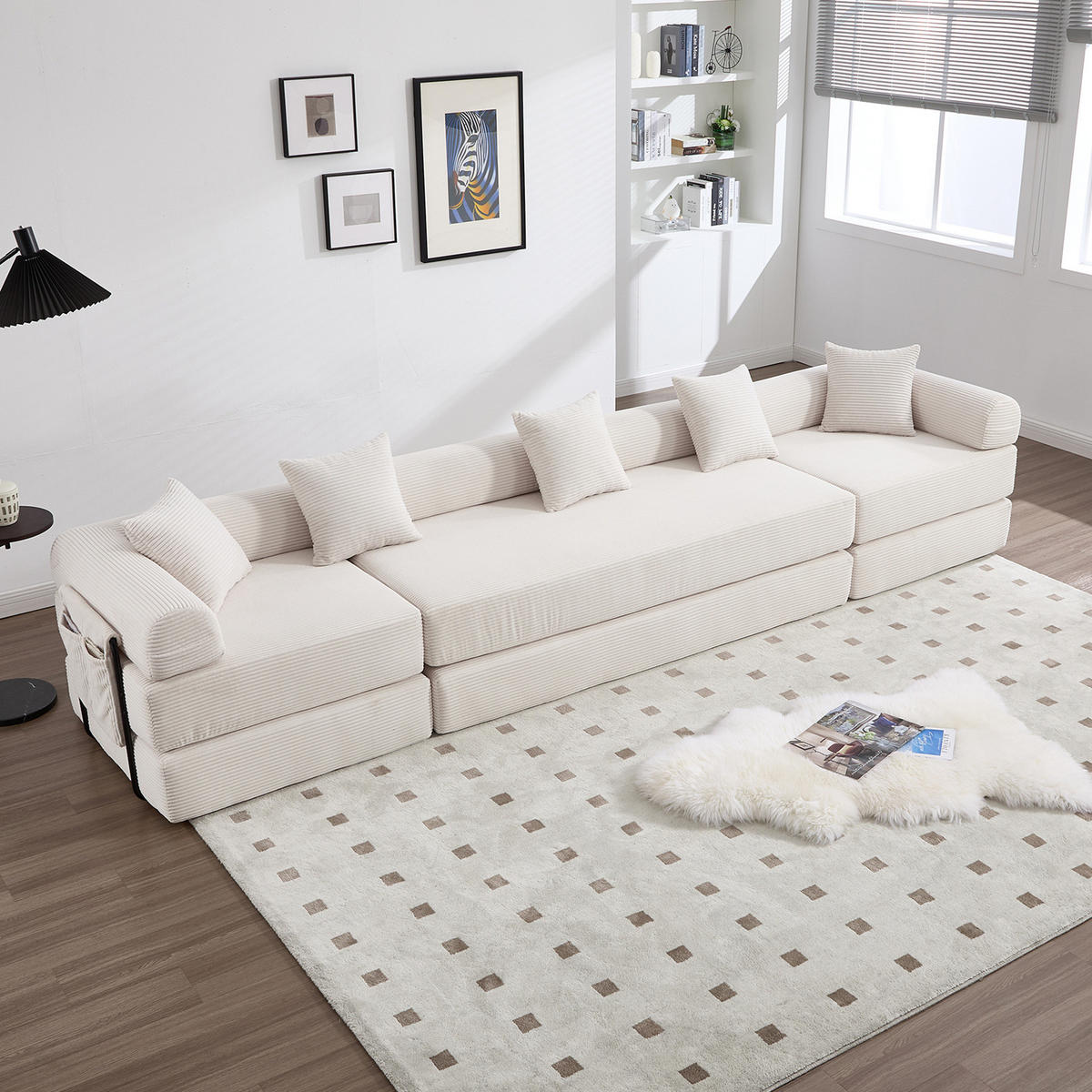 MODULARES Schlafsofa 270/180/64 cm aus Cord mit Seitentasche Beige - Beige, Textil (180/64/270cm) - Modenvie