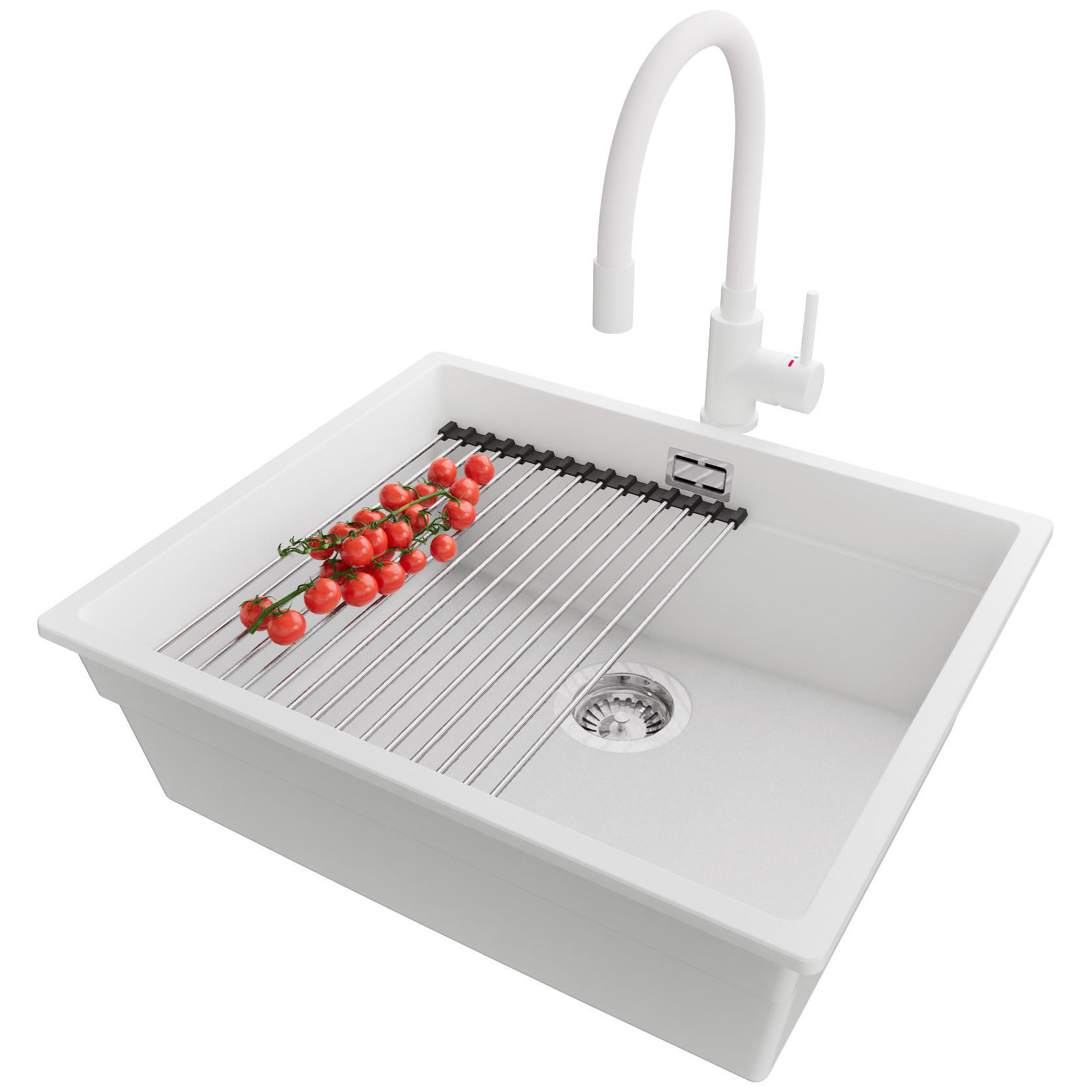 UNTERBAUSPÜLE GRANIT Praga, 2-er set Weiß 56/47 cm 1 Becken + Küchenarmatur 38/14 cm + Ablauf-Set + Aufrollbare Abtropffläche ab 60er Unterschrank - Chromfarben/Weiß, Kunststoff (56/20/47cm) - Primagran