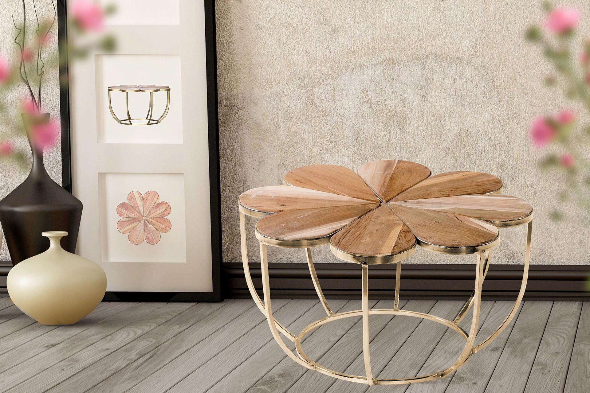 Drveno zlatni pomoćni stolić u obliku cvijeta